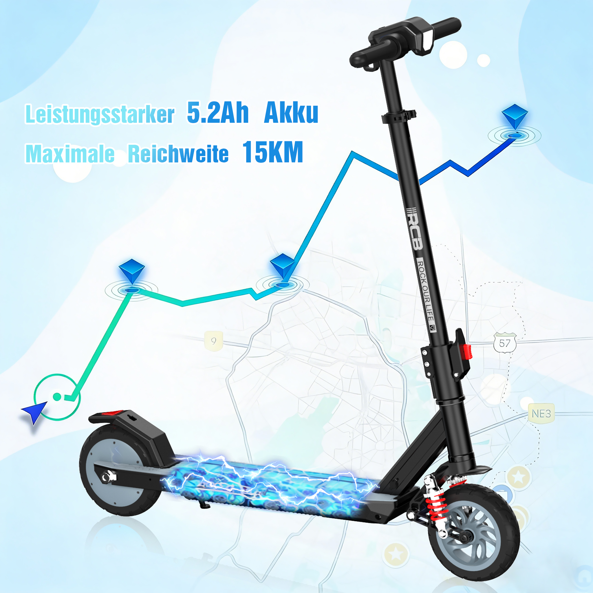 Ein schwarzer Elektroroller mit blauen Energiespuren, Text zeigt 5,2Ah Akku und 15KM Reichweite, auf Kartenhintergrund.