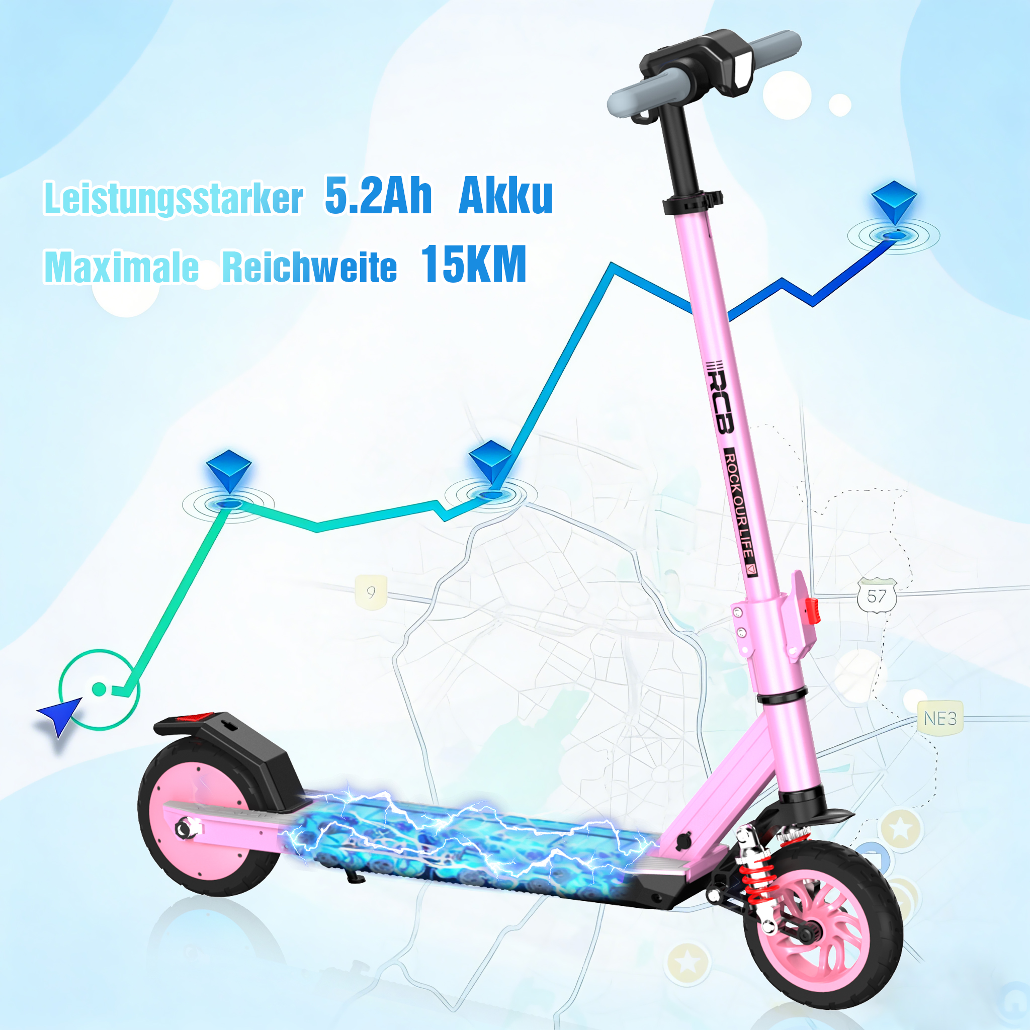Rosa Elektroroller mit schwarzen Akzenten. Blaue Blitzgrafik auf dem Deck. Eine Karte im Hintergrund.