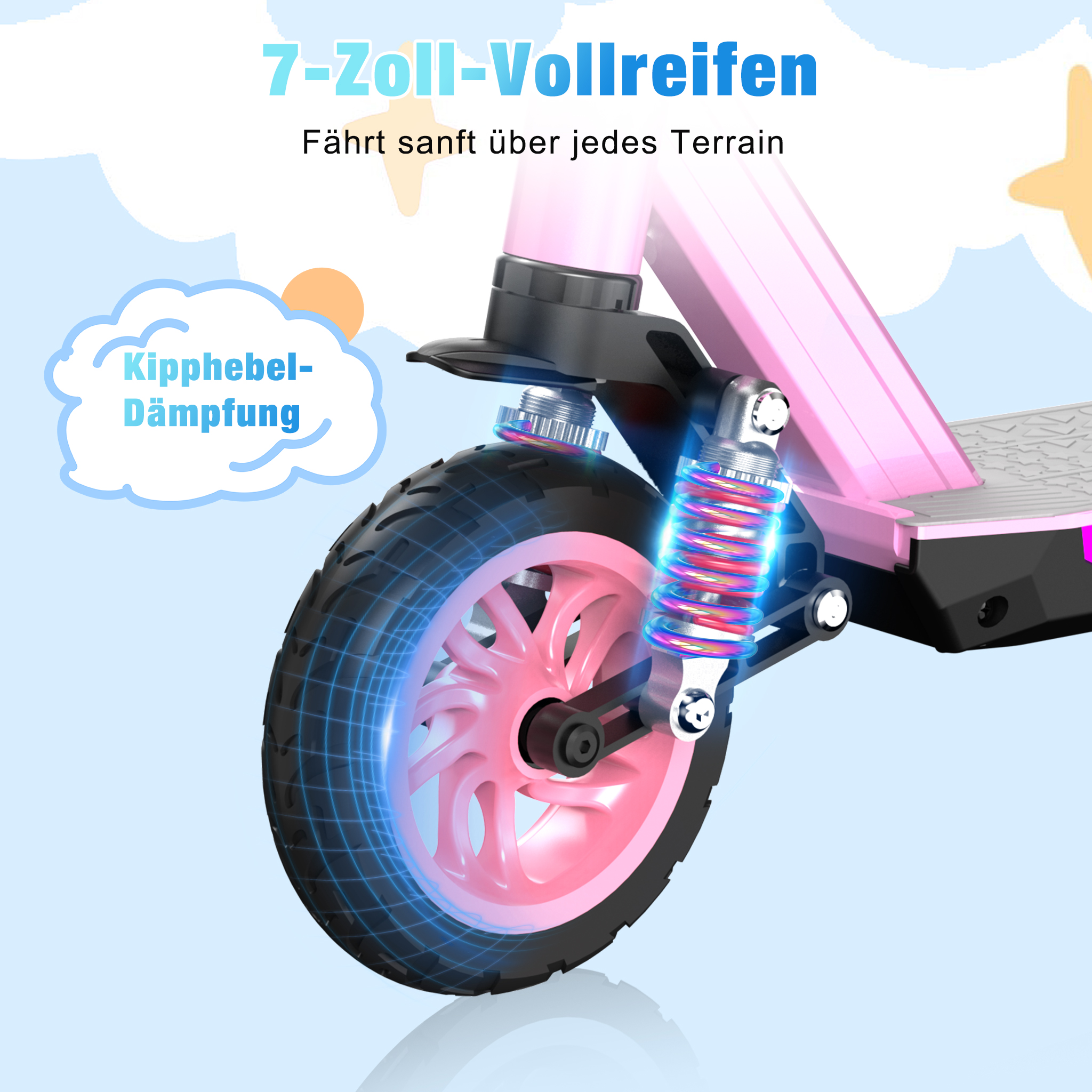 Rosa Rollerrad mit schwarzem Reifen. Stoßdämpfer und der Text "7-Zoll-Vollreifen" sind sichtbar.