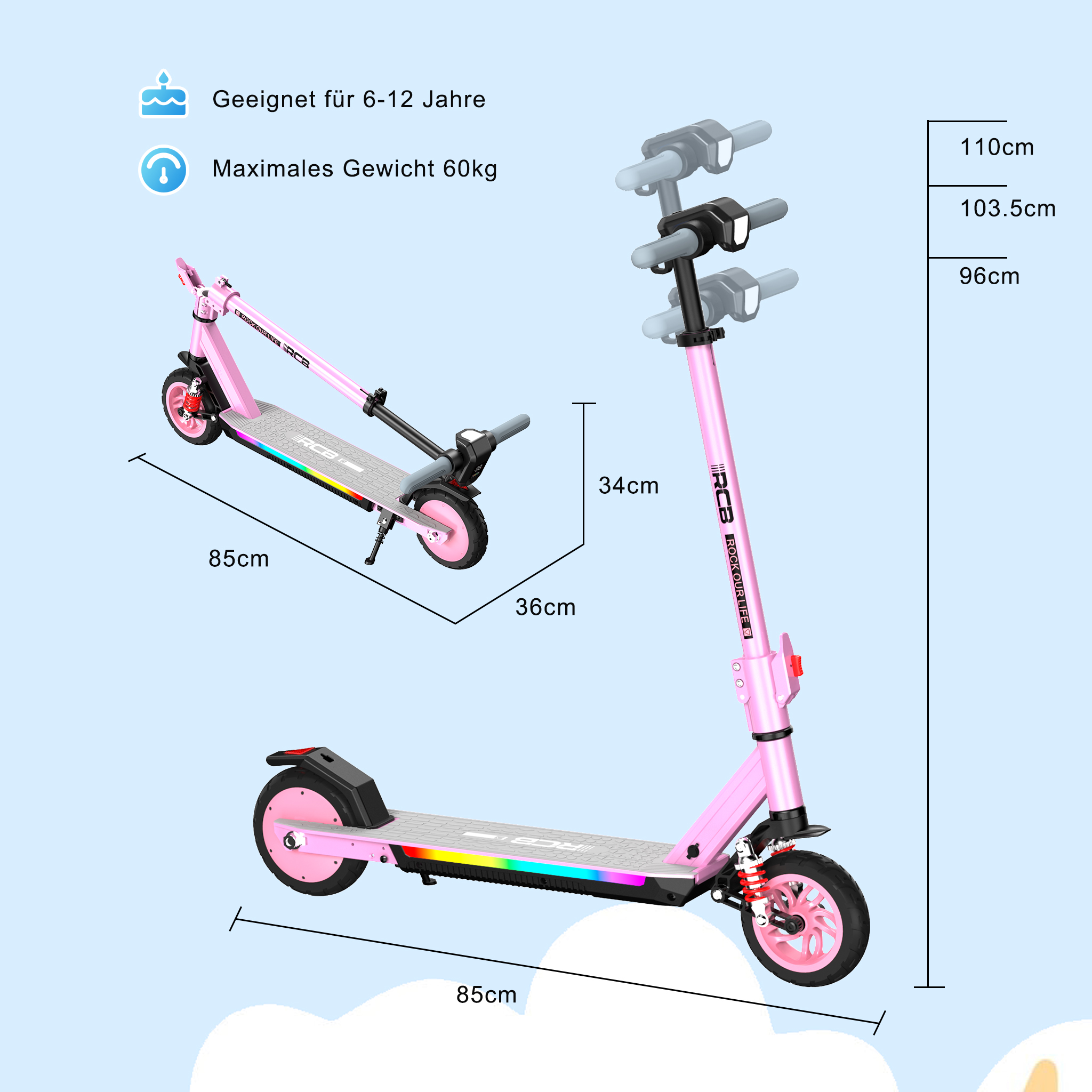 Rosa Elektroroller mit Maßen. Geeignet für 6-12 Jahre, max. Gewicht 60 kg. Abmessungen sind ebenfalls angegeben.