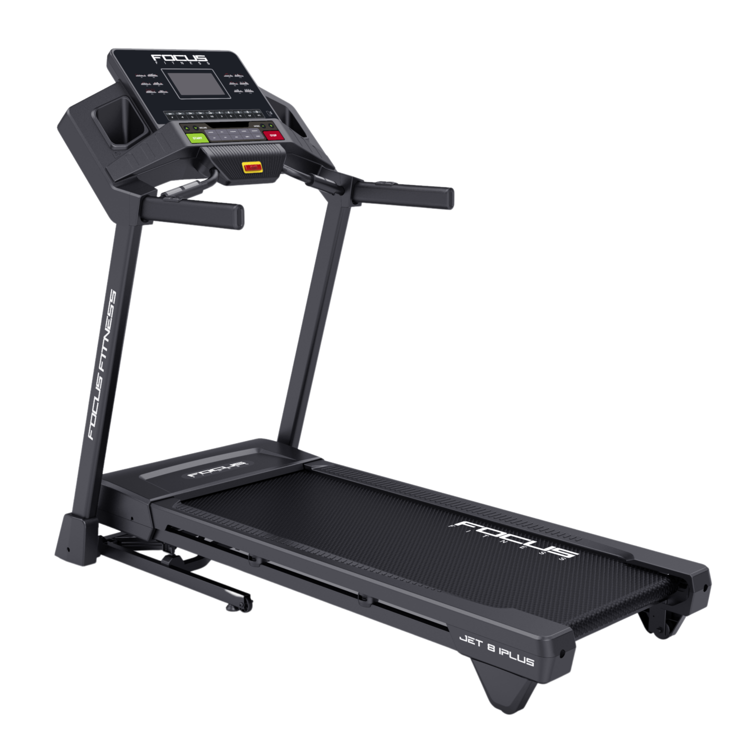 A black Focus Fitness Jet 8 iPlus treadmill is shown. It has a control panel, handrails, and a running belt, set against a white backdrop.