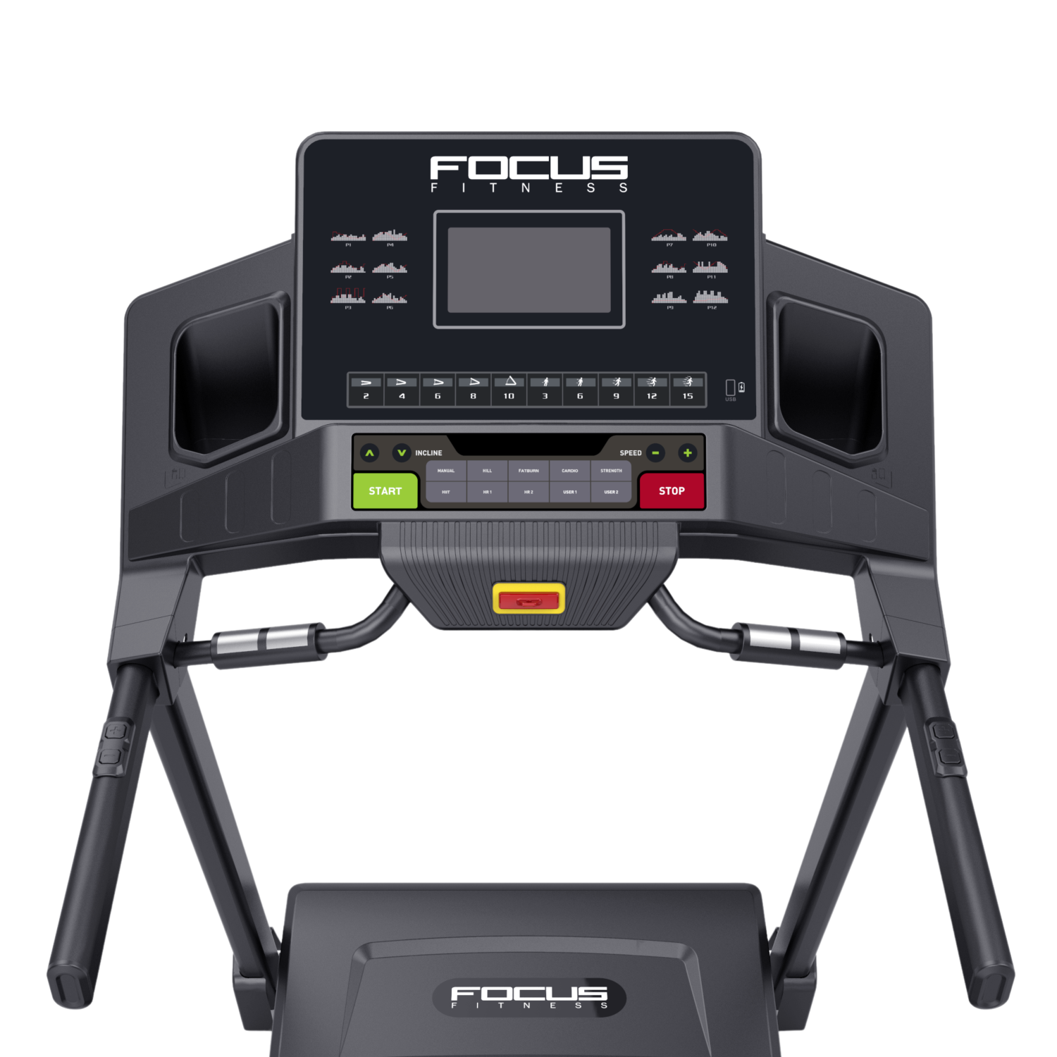 A treadmill with a digital display showing speed and incline. The brand name 'Focus Fitness' is visible.