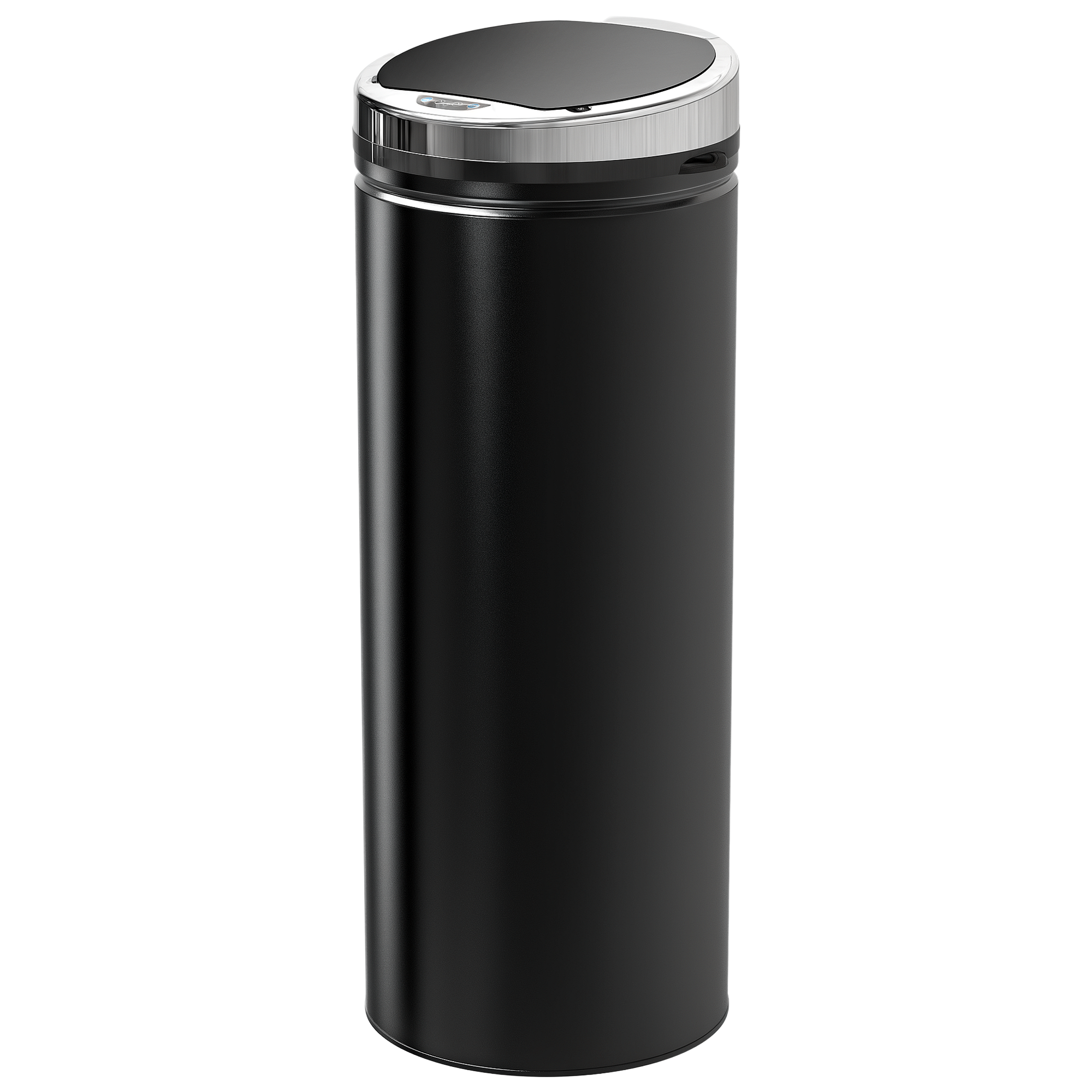 Un bidone della spazzatura alto e nero con bordo e coperchio metallici. Il coperchio ha un sensore e una parte superiore ovale nera.