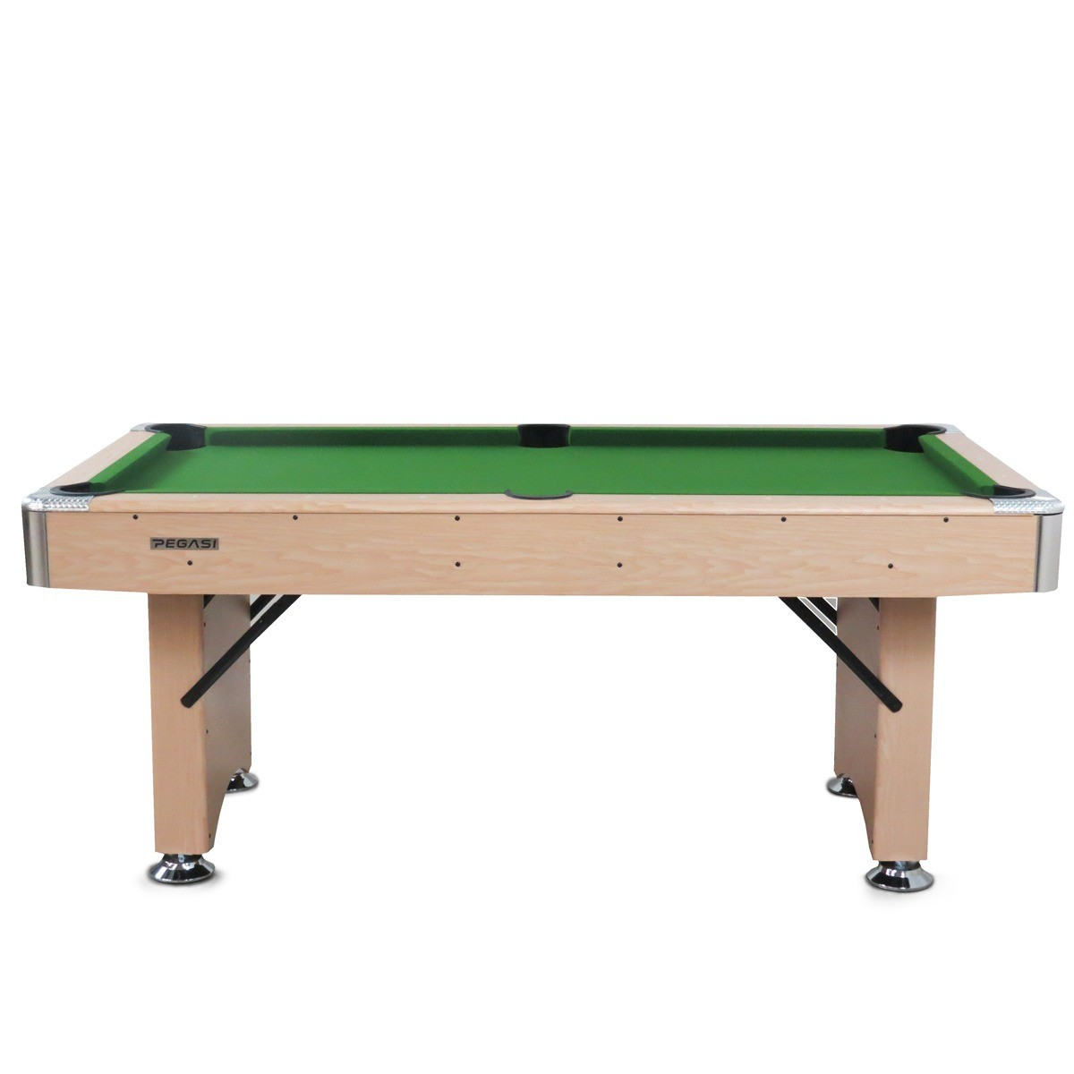 Een pooltafel met groen vilt en een houten frame. De tafel heeft zes pockets en lichte poten.
