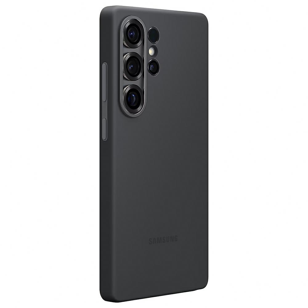 Een donkergrijze telefoonhoes, met verschillende cameralenzen en een volumeknop, met het Samsung-logo onderaan.