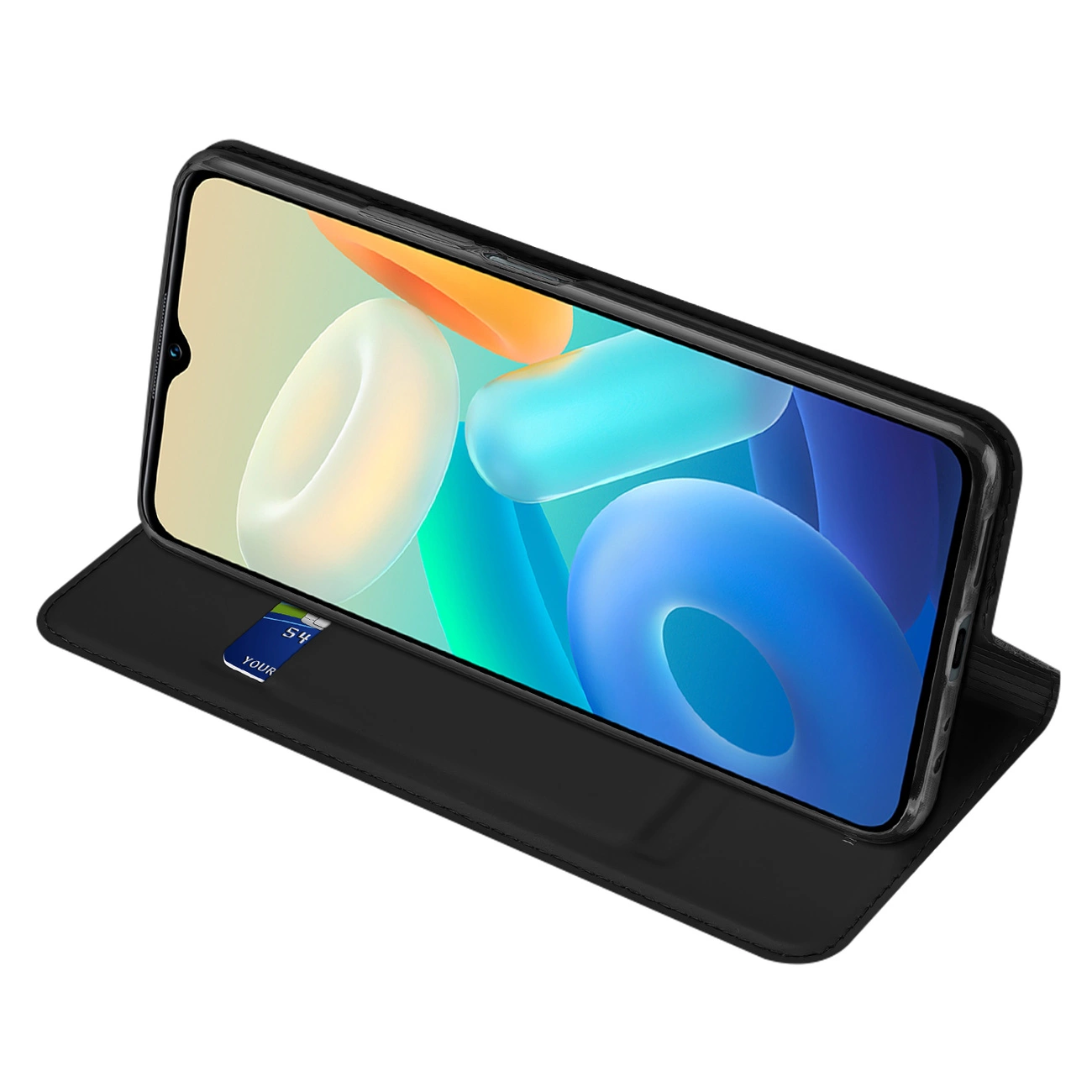 Uno smartphone in una custodia nera è mostrato ad angolo. Lo schermo mostra un'immagine astratta colorata. Una carta è visibile.