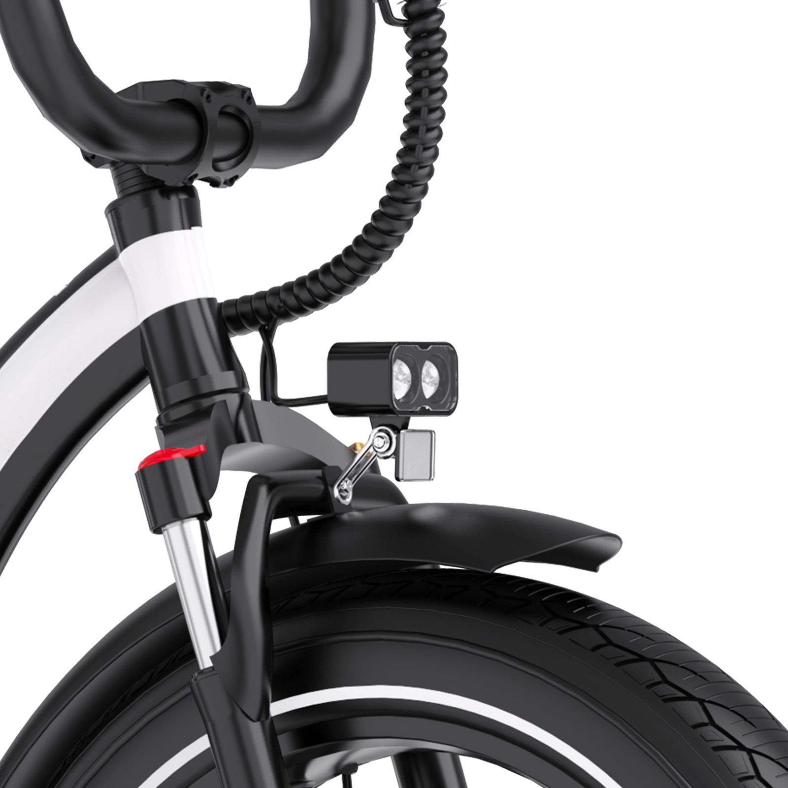 Parte anteriore di bicicletta bianca e nera. Include pneumatico, parafango, faro e manubrio.