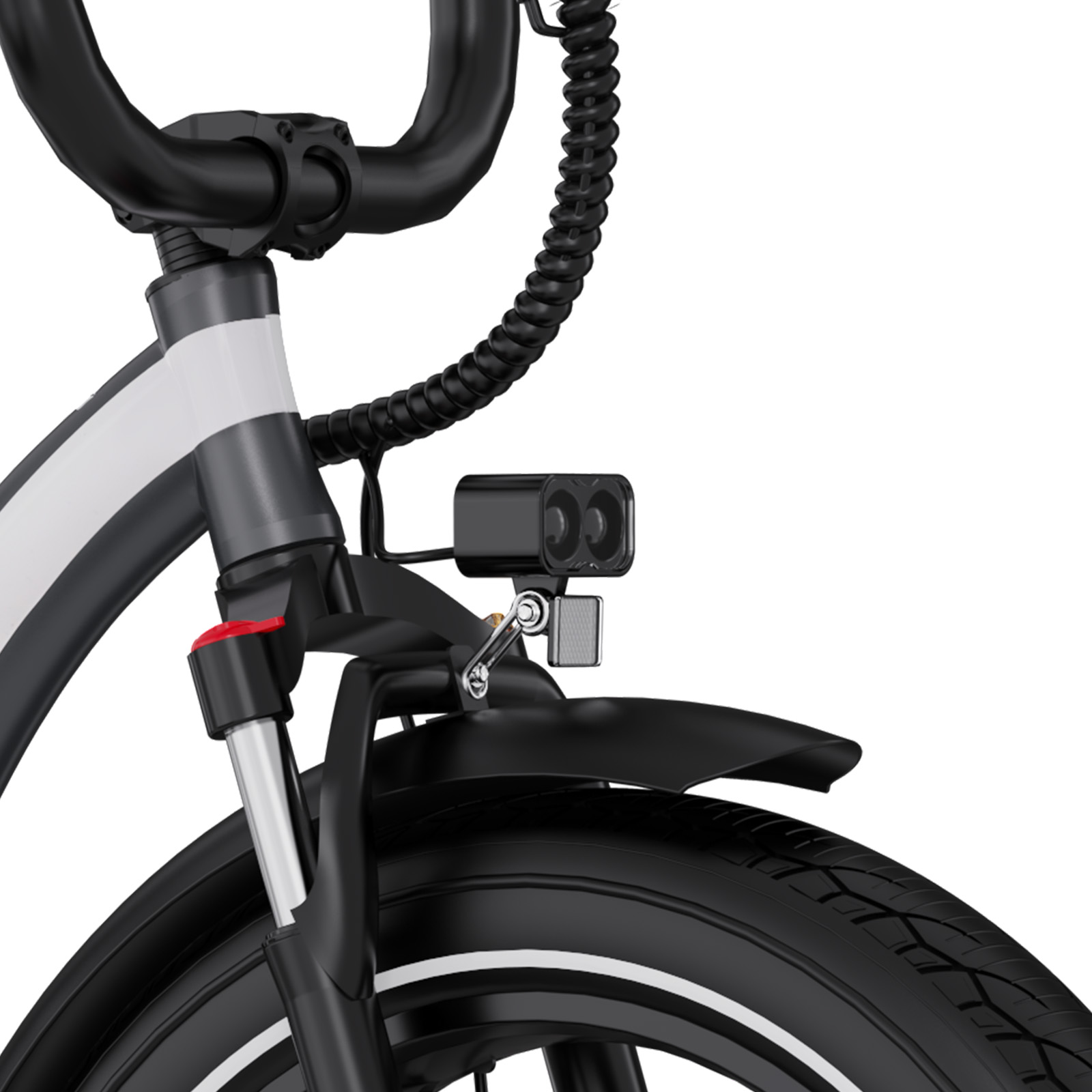 Primo piano della parte anteriore di una bicicletta. Manubrio nero, una luce nera con due lenti e uno pneumatico nero con una striscia bianca.