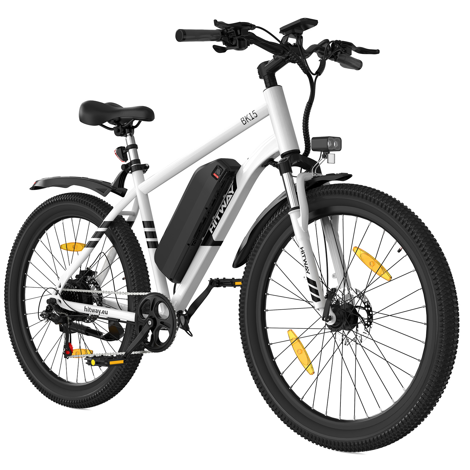 Una e-bike HITWAY BK15 bianca. Ha pneumatici neri, una batteria nera e catarifrangenti gialli. Lo sfondo è bianco.