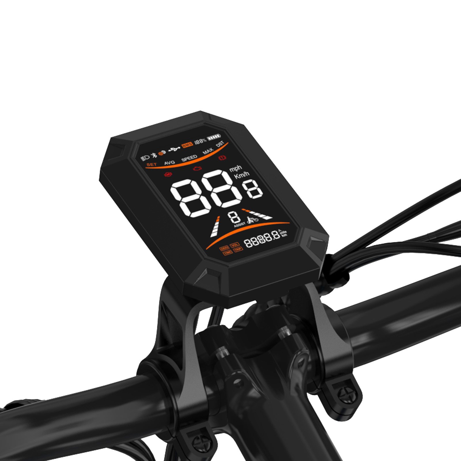 Primo piano del tachimetro di una bicicletta che mostra 88 km/h. Il display è nero con numeri bianchi, montato su manubrio nero.