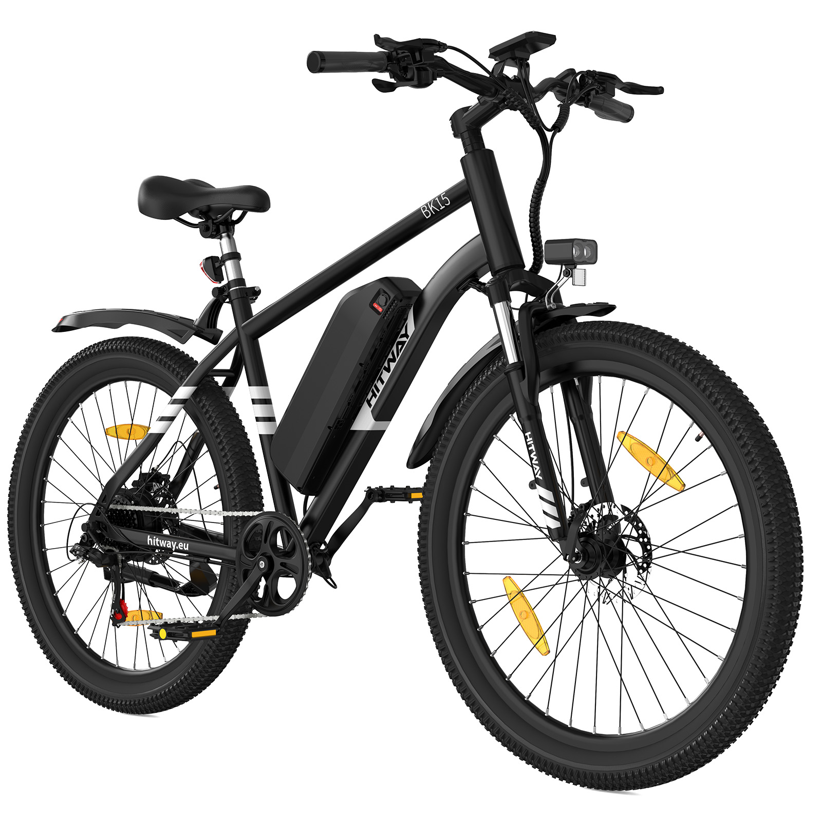 Bicicletta elettrica nera. Presenta batteria, fari e catarifrangenti sulle ruote. La bici è su sfondo bianco.