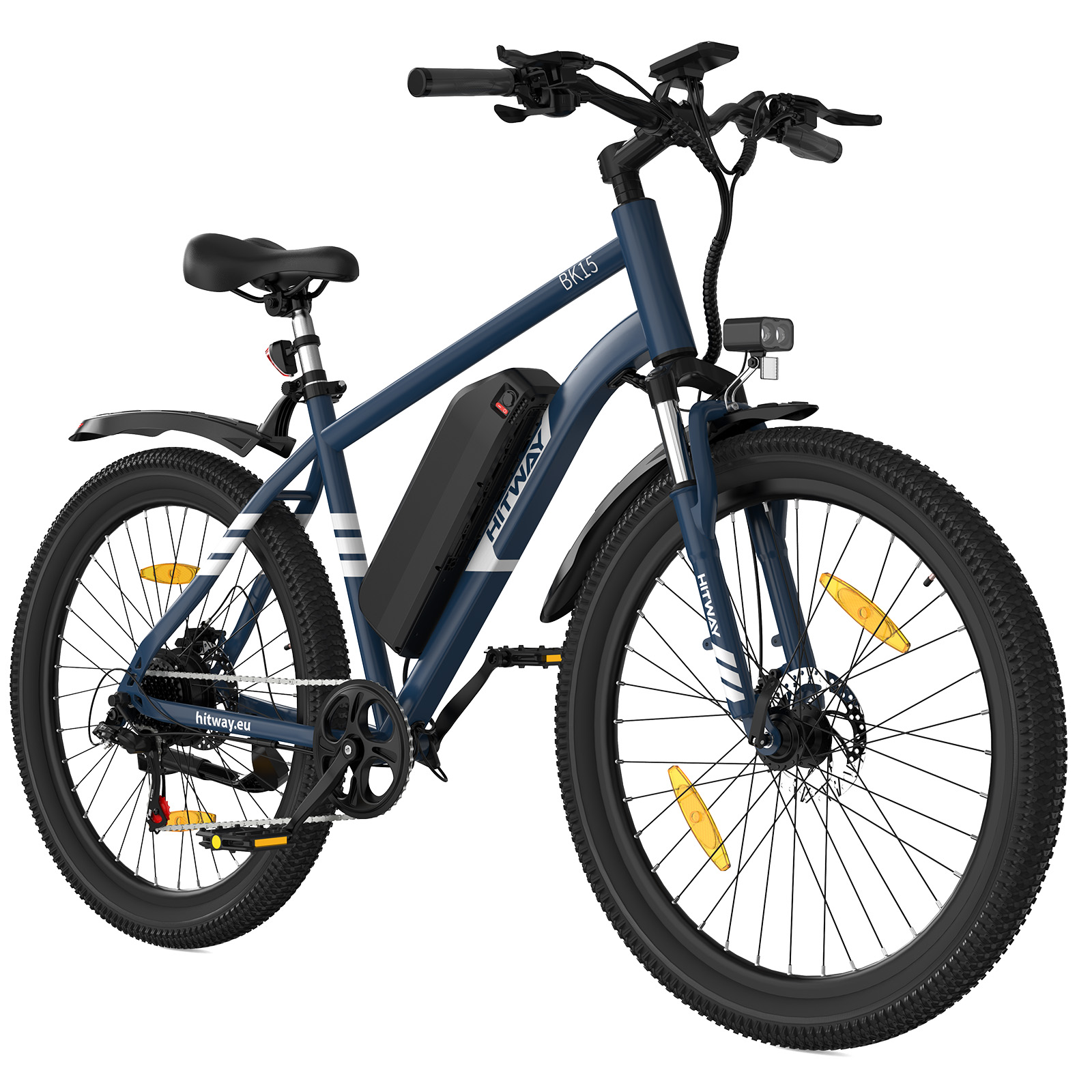 Una e-bike HITWAY blu e nera. Ha pneumatici grandi e una batteria. La bici è su sfondo bianco.