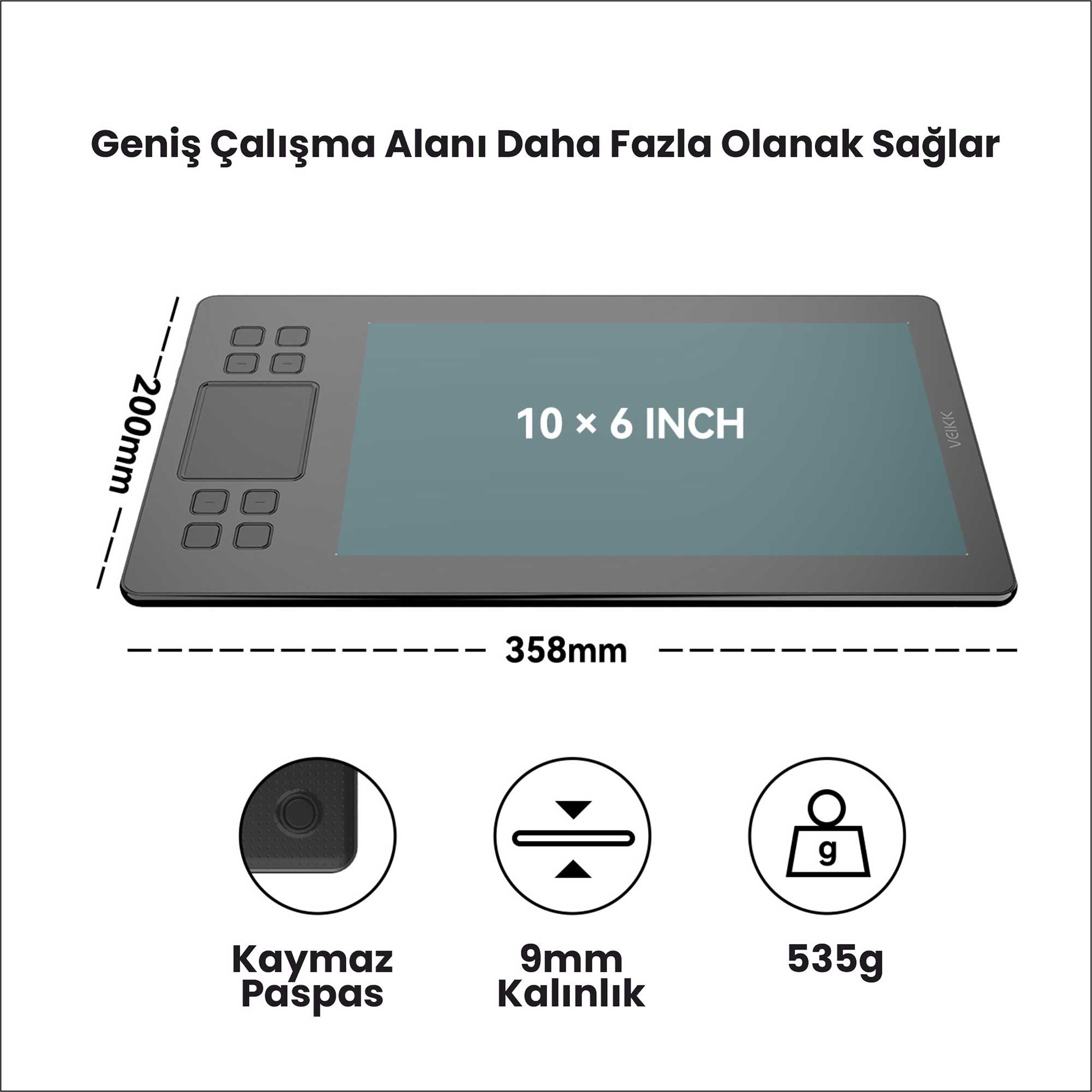 Boyutları ve özellikleri olan bir tablet. 10x6 inç çalışma alanı, 9 mm kalınlık ve 535 g ağırlığa sahiptir.