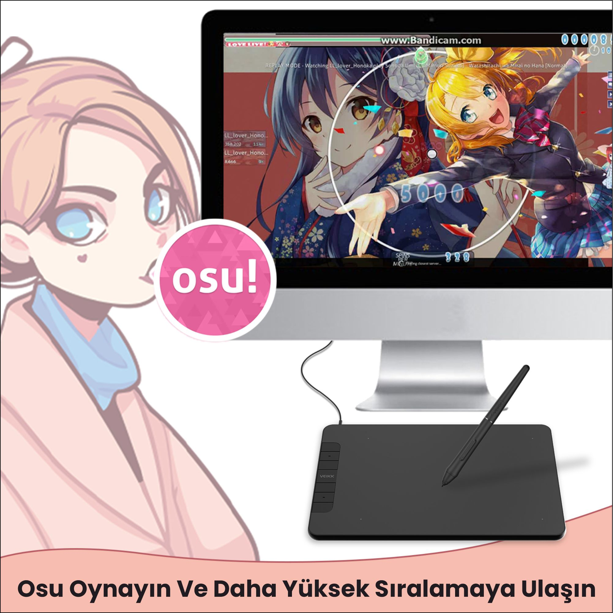 Bir bilgisayar ekranı bir anime oyunu gösteriyor. Ön planda bir tablet ve kalem, pembe bir 'osu!' logosu var.