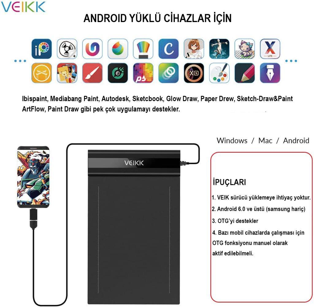 Bir tablet ve telefon bağlı, üstte uygulama simgeleri var. Metin, çizim uygulamalarını desteklediğini söylüyor. İpuçları sağda listeleniyor.