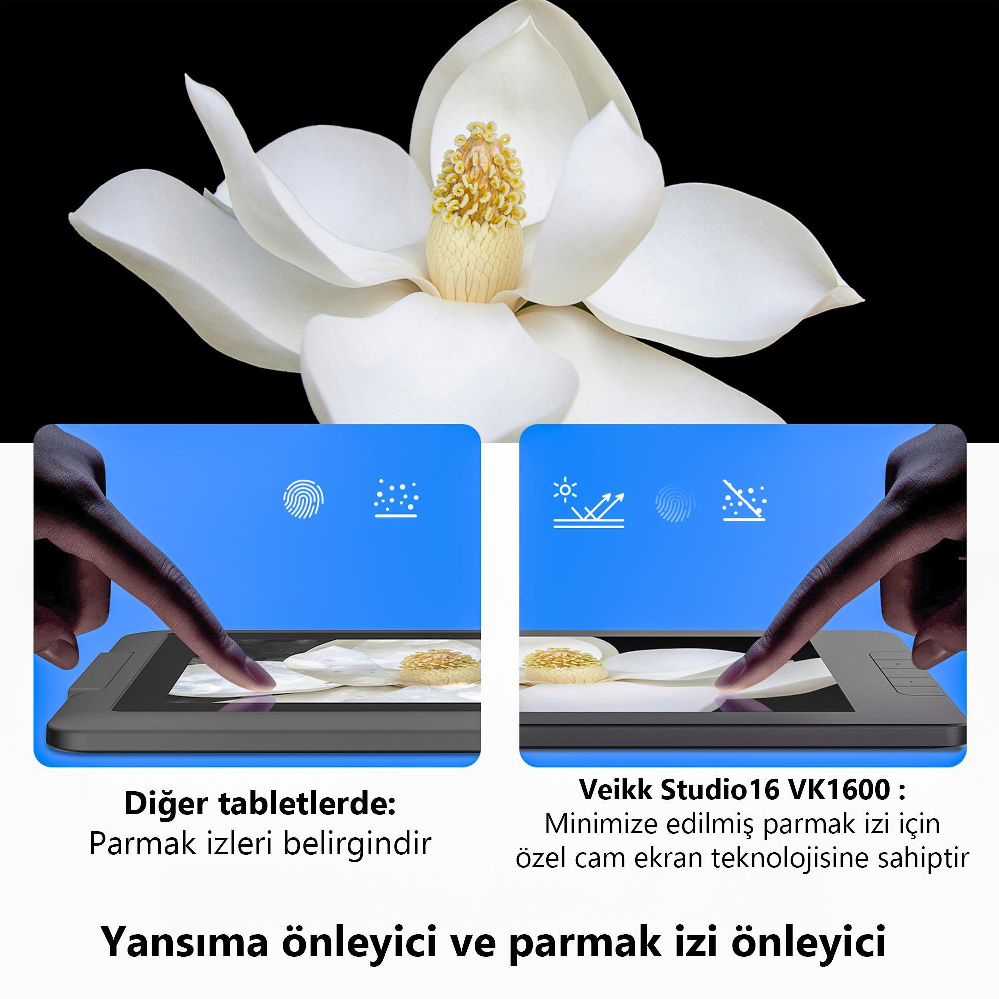 İki tabletin üzerinde beyaz bir manolya çiçeği. Birinde parmak izleri, diğerinde parmak izi önleyici teknoloji reklamı var.