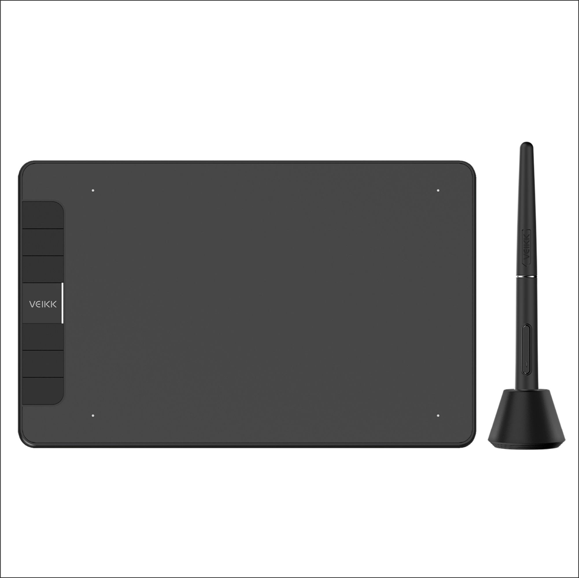Siyah bir çizim tableti ve kalem beyaz bir arka plan üzerinde görüntüleniyor. Tablette düğmeler ve VEIKK markası var.