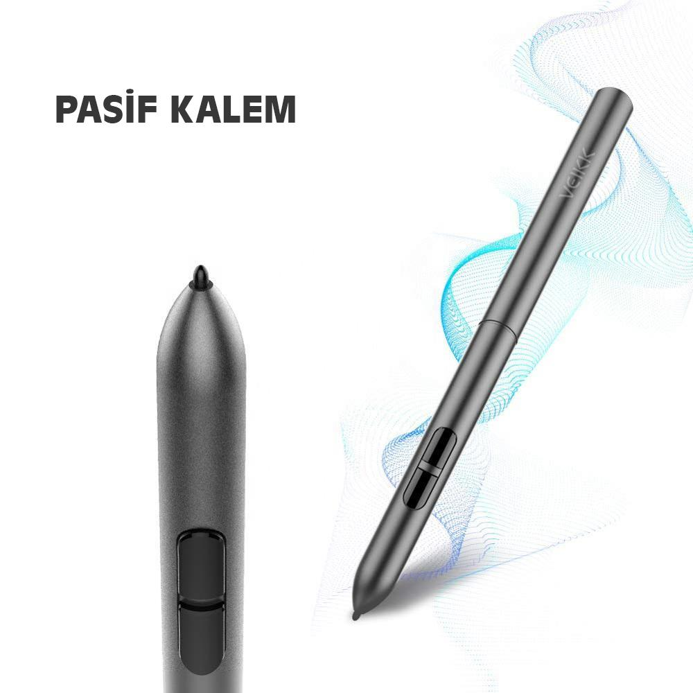 Görselde iki gri kalem var, biri dik, diğeri açılı. Üstte "PASIF KALEM" yazısı var. Arka planda mavi çizgiler var.