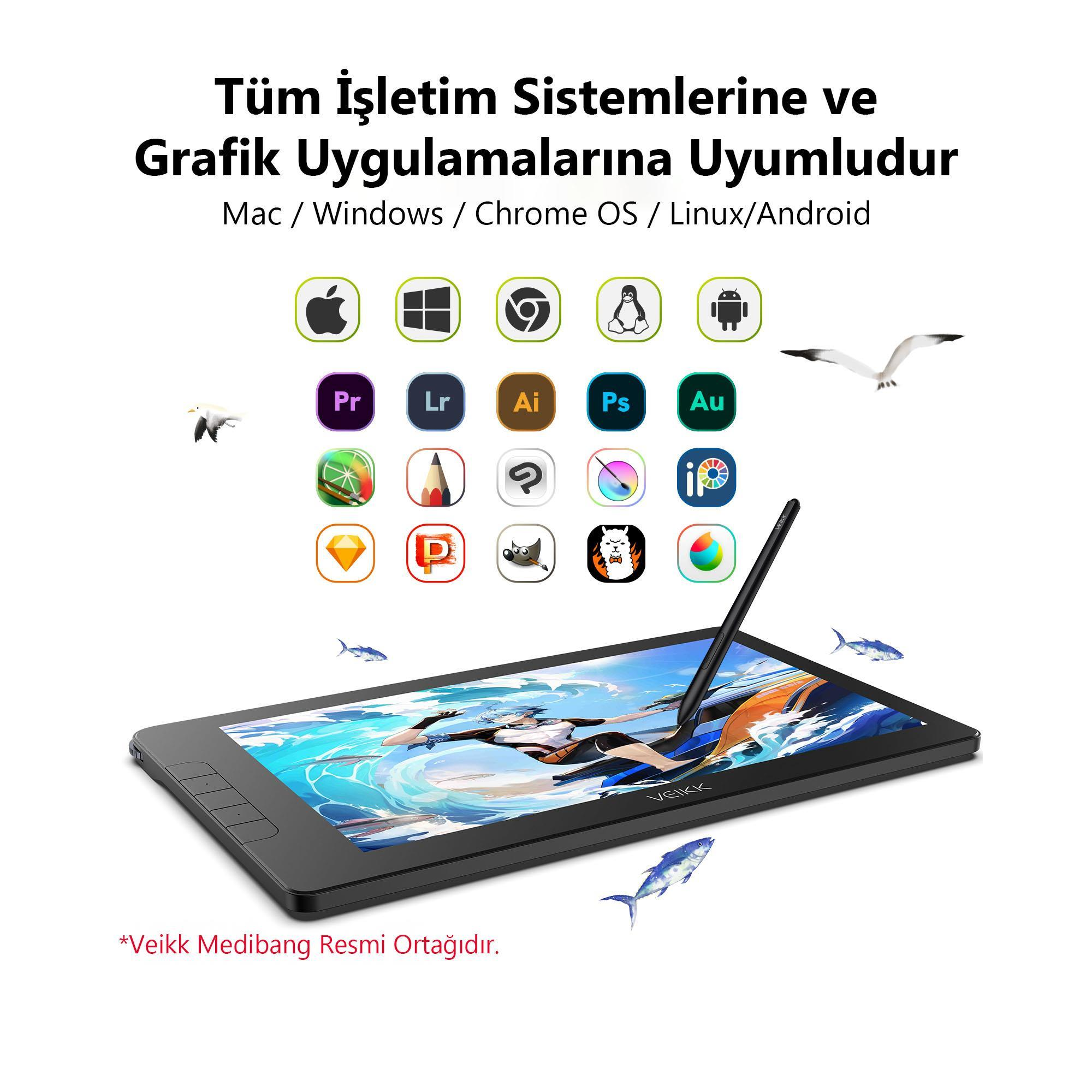 Bir grafik tablet ve kalem. Ekranda sanat gösteriliyor. Yazılım simgeleri yukarıda. Türkçe metin üstte ve altta.
