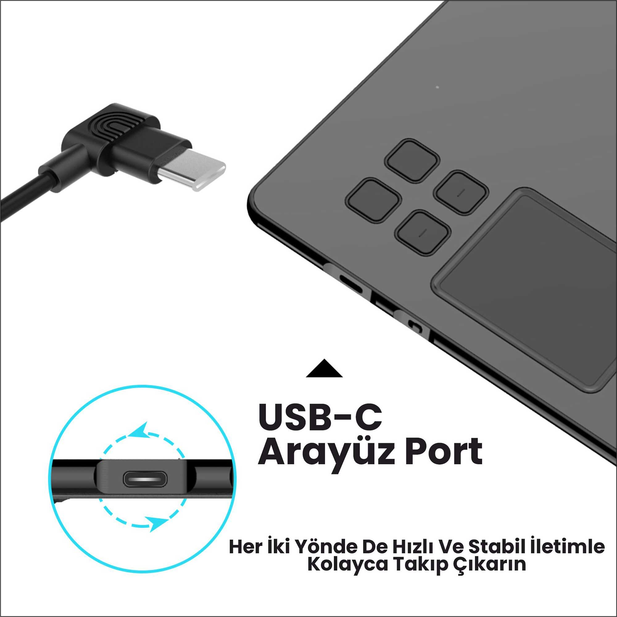Görselde bir USB-C portu, kablo ve cihaz görülüyor. Metin 'USB-C Arayüz Portu' ve 'Kolayca takıp çıkarın' ifadelerini içeriyor.