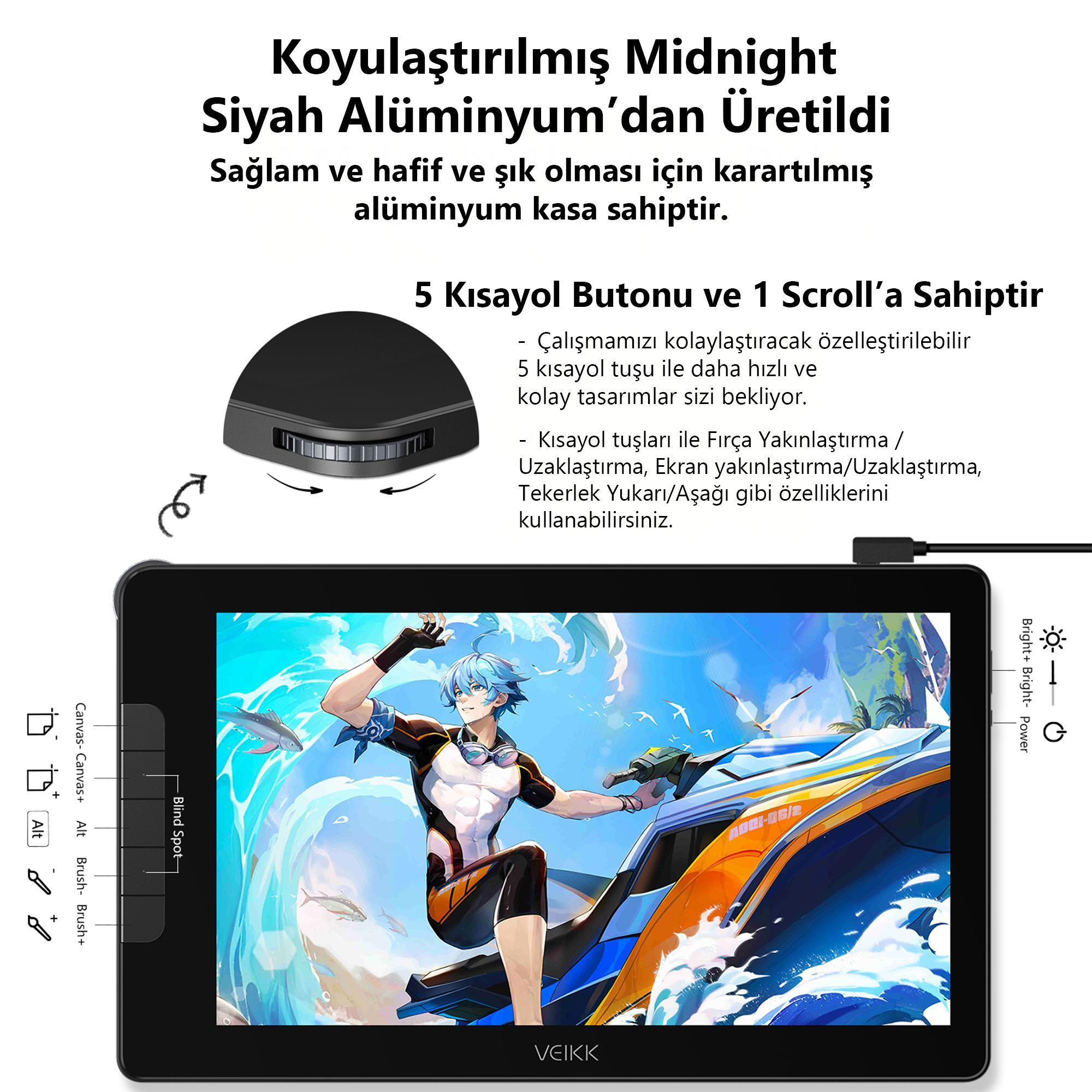 Jet ski üzerinde bir kişinin çizimi olan tablet. Kısayol tuşları ve bir kaydırma tekerleği var.