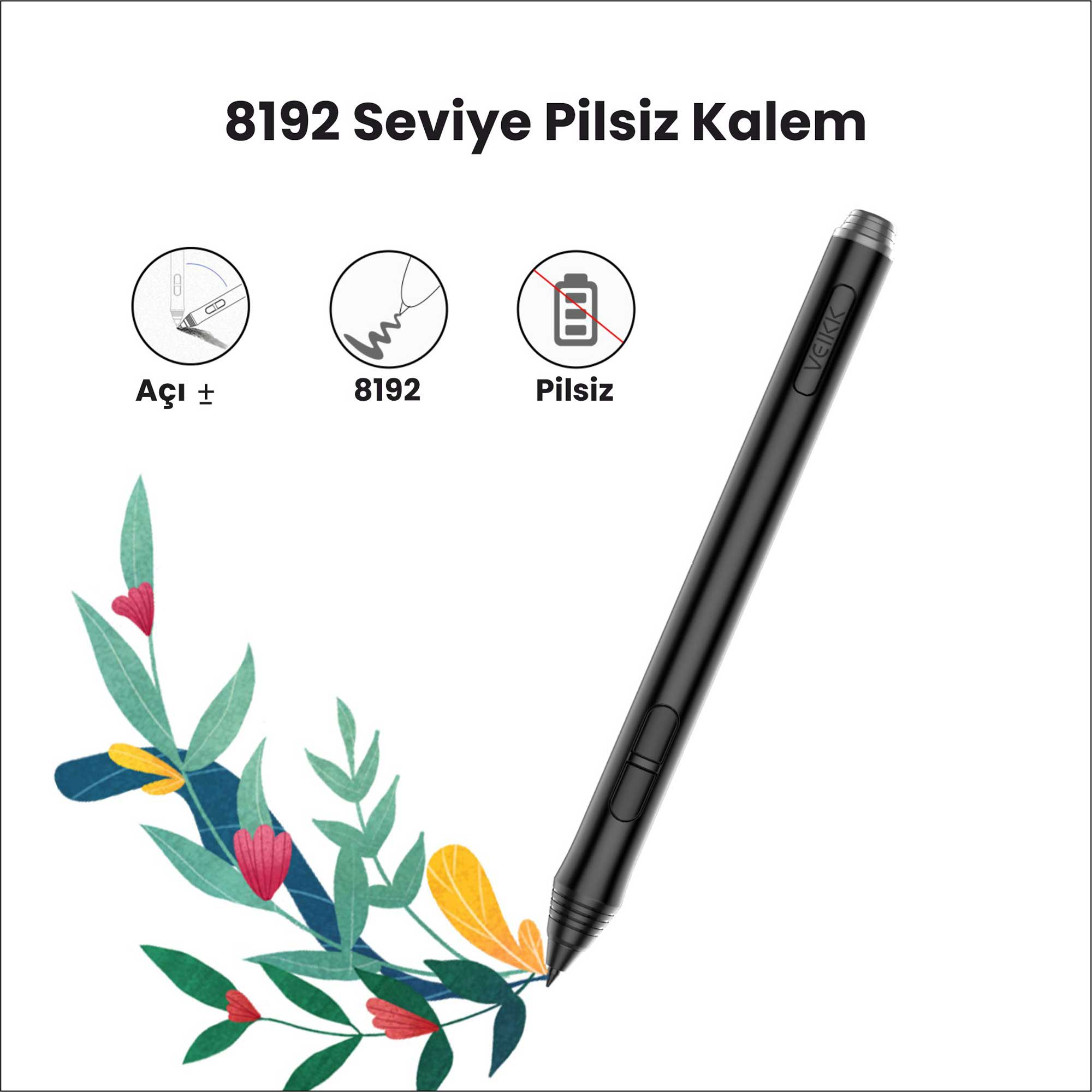 Açı, 8192 seviye ve pilsiz simgeleri olan siyah bir kalem. Solda renkli çiçek dekorasyonu.