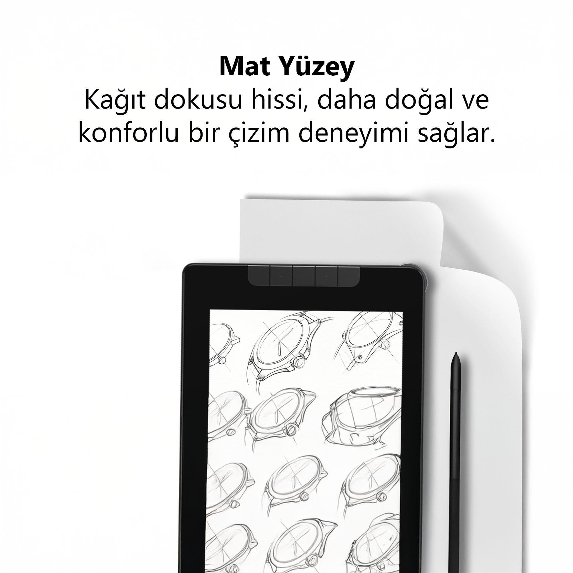 Saat tasarımları, bir kalem ve Türkçe metin içeren bir tablet.