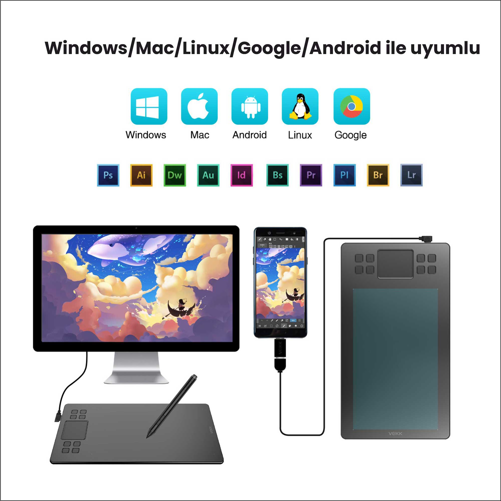 Görselde grafik tablet, monitör, telefon ve yazılım simgeleri, çeşitli işletim sistemleriyle uyumlu.
