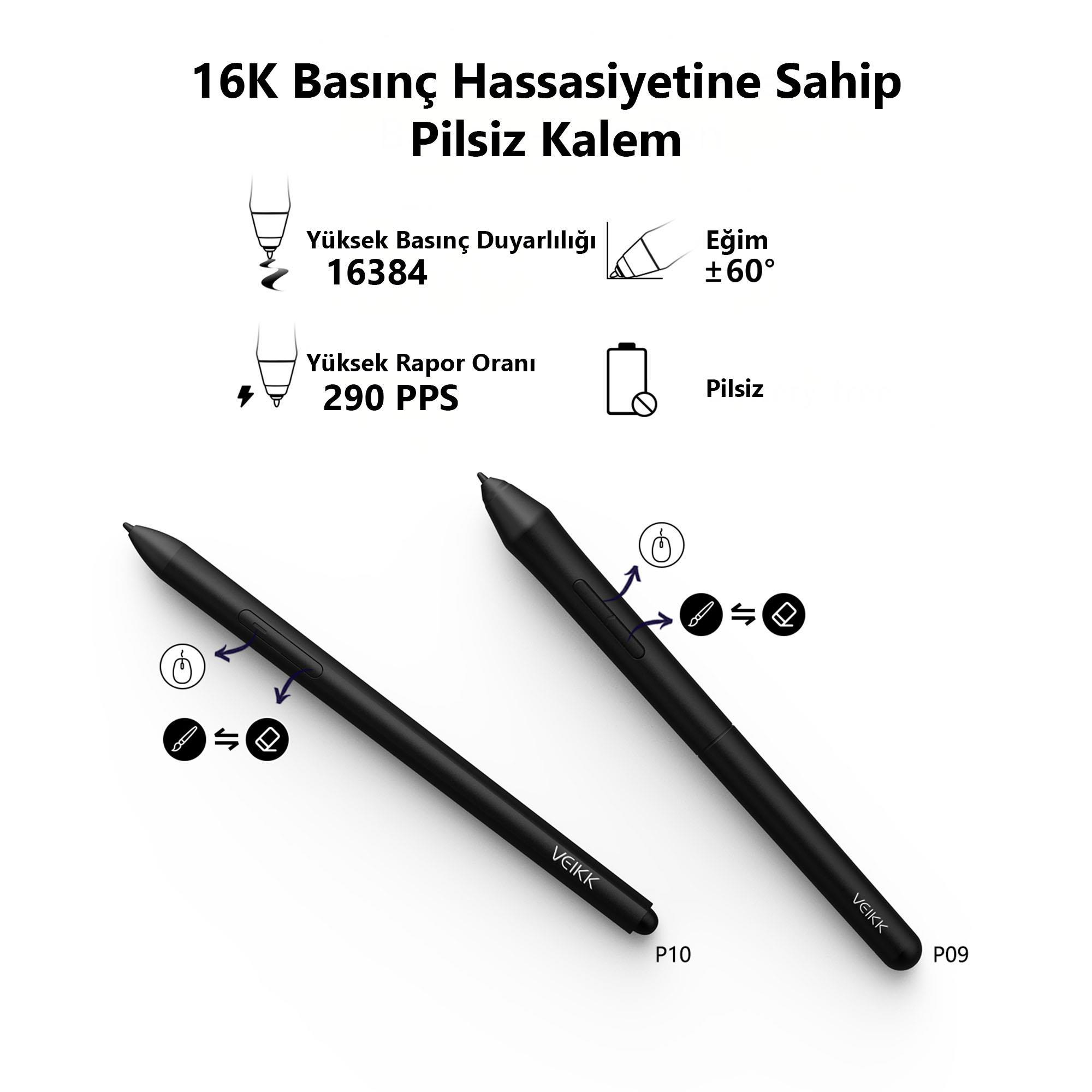 Görüntü, iki siyah dijital kalem, bilgi simgeleri ve basınç hassasiyeti ve özellikler hakkında metin gösteriyor.