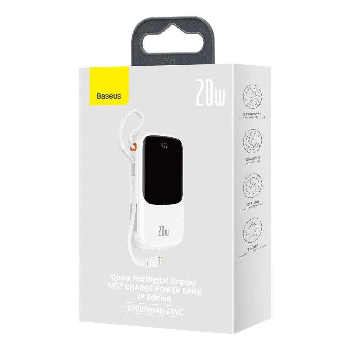 Białe pudełko power bank Baseus z etykietą 20W, czarny ekran z 99% i żółte logo Baseus.