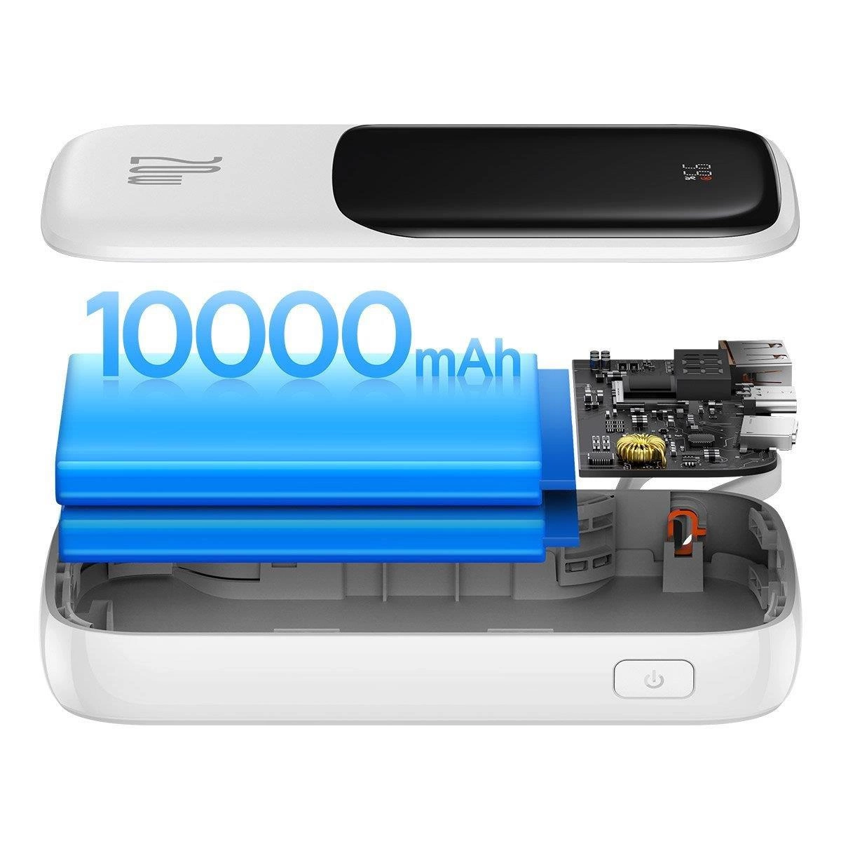Biały i czarny power bank z cyfrowym wyświetlaczem, widoczne są wewnętrzne komponenty. Obecny jest również tekst '10000mAh'.