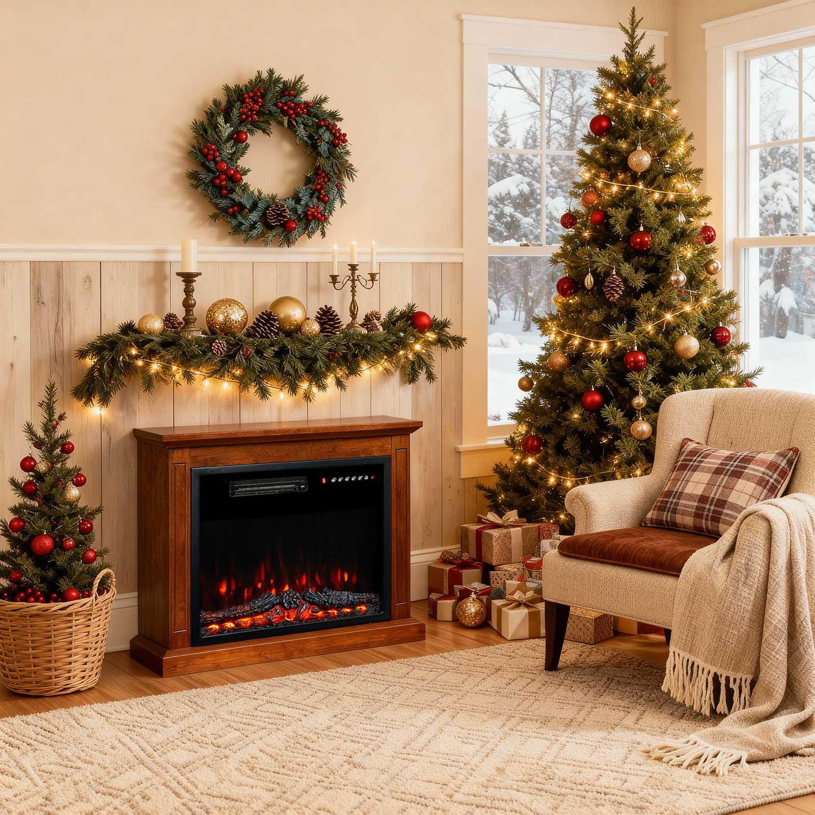 Une scène de Noël décorée avec un sapin, une cheminée, des cadeaux et un fauteuil douillet. De la neige est visible à l'extérieur.