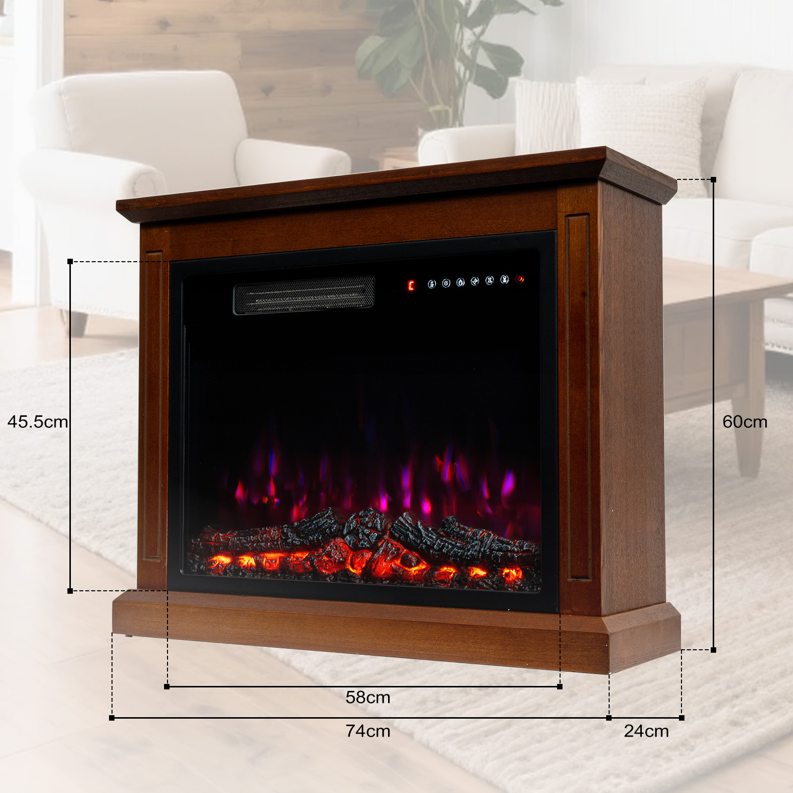 Une cheminée électrique brun foncé avec de fausses flammes et des bûches est présentée. La cheminée est dans un salon.