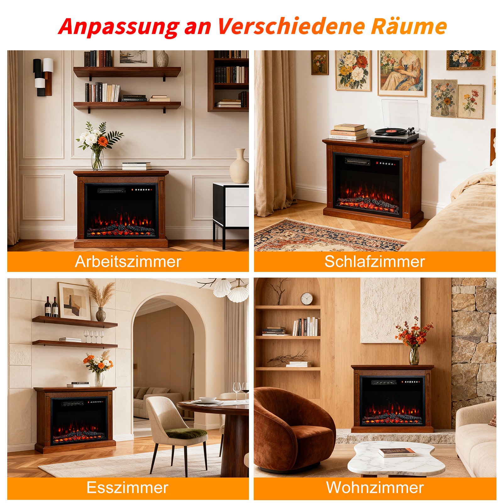 Vier Zimmer mit Kaminen. Jedes Zimmer hat einen Kamin mit simulierten Flammen und unterschiedlichen Möbeln.