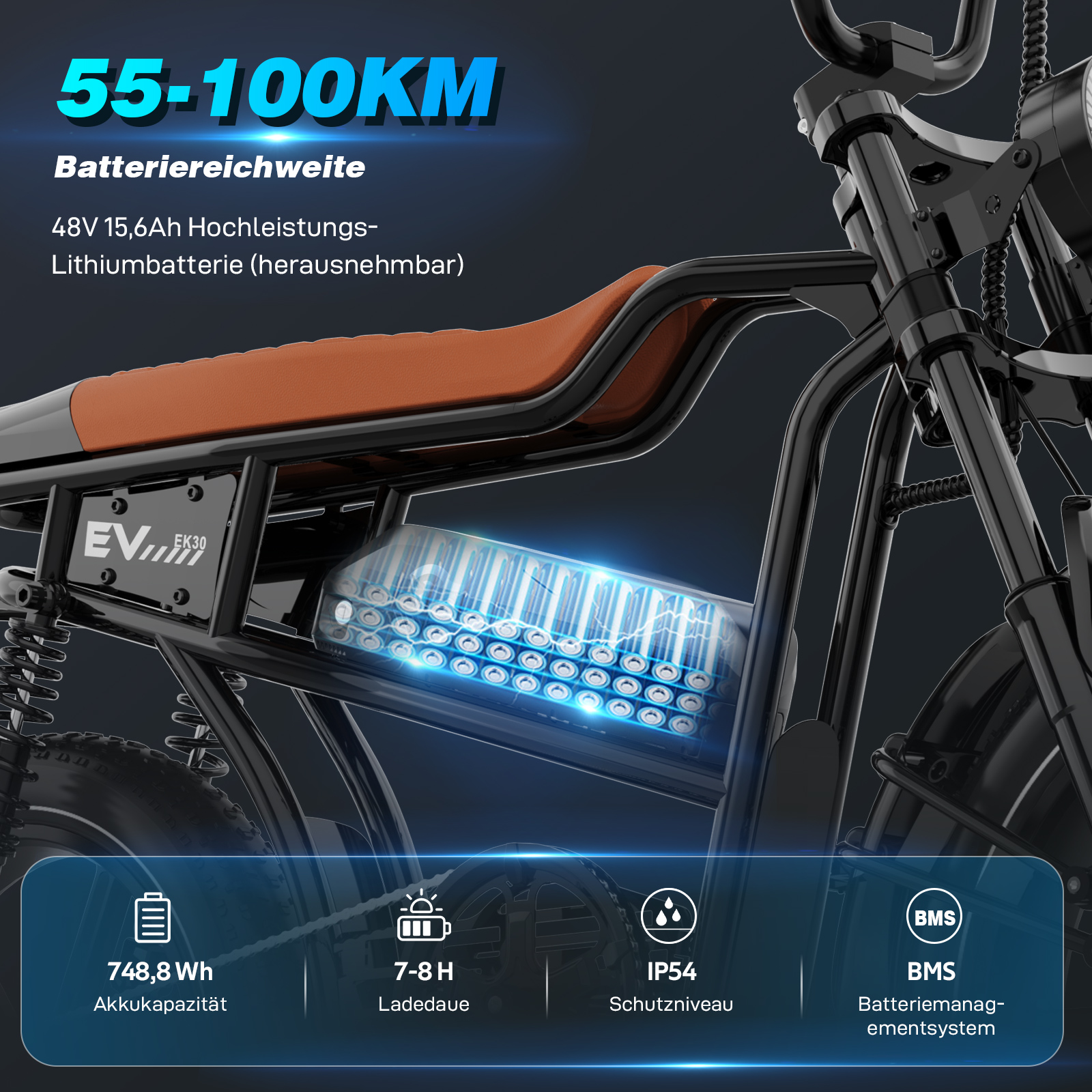 Ein Elektrofahrrad, schwarzer Rahmen, brauner Sitz, Batteriedetails und Leistungsdaten werden angezeigt.