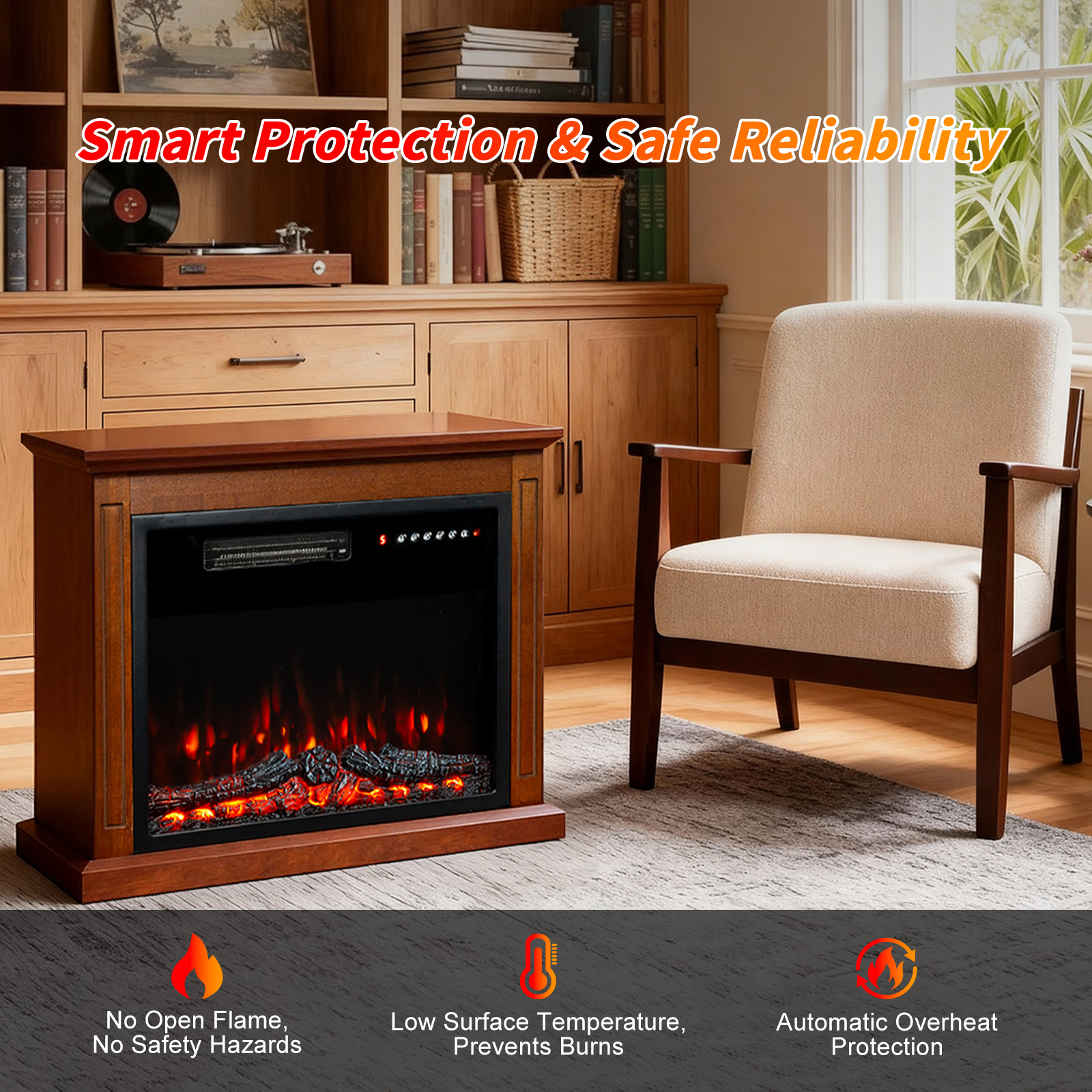 Cheminée électrique avec flammes, meuble en bois, chaise et dispositifs de sécurité.