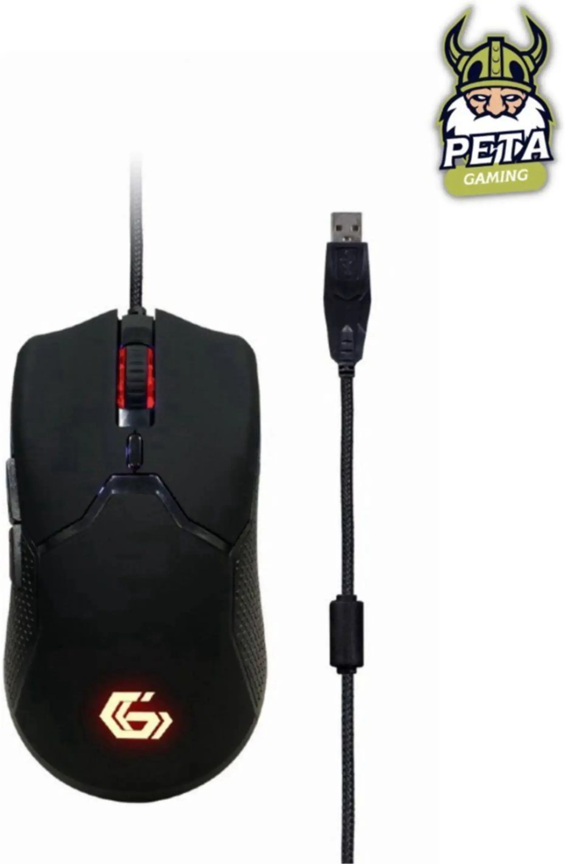 Black gaming mouse with red accents, connected by a cable. PETA gaming logo is in the top right corner.