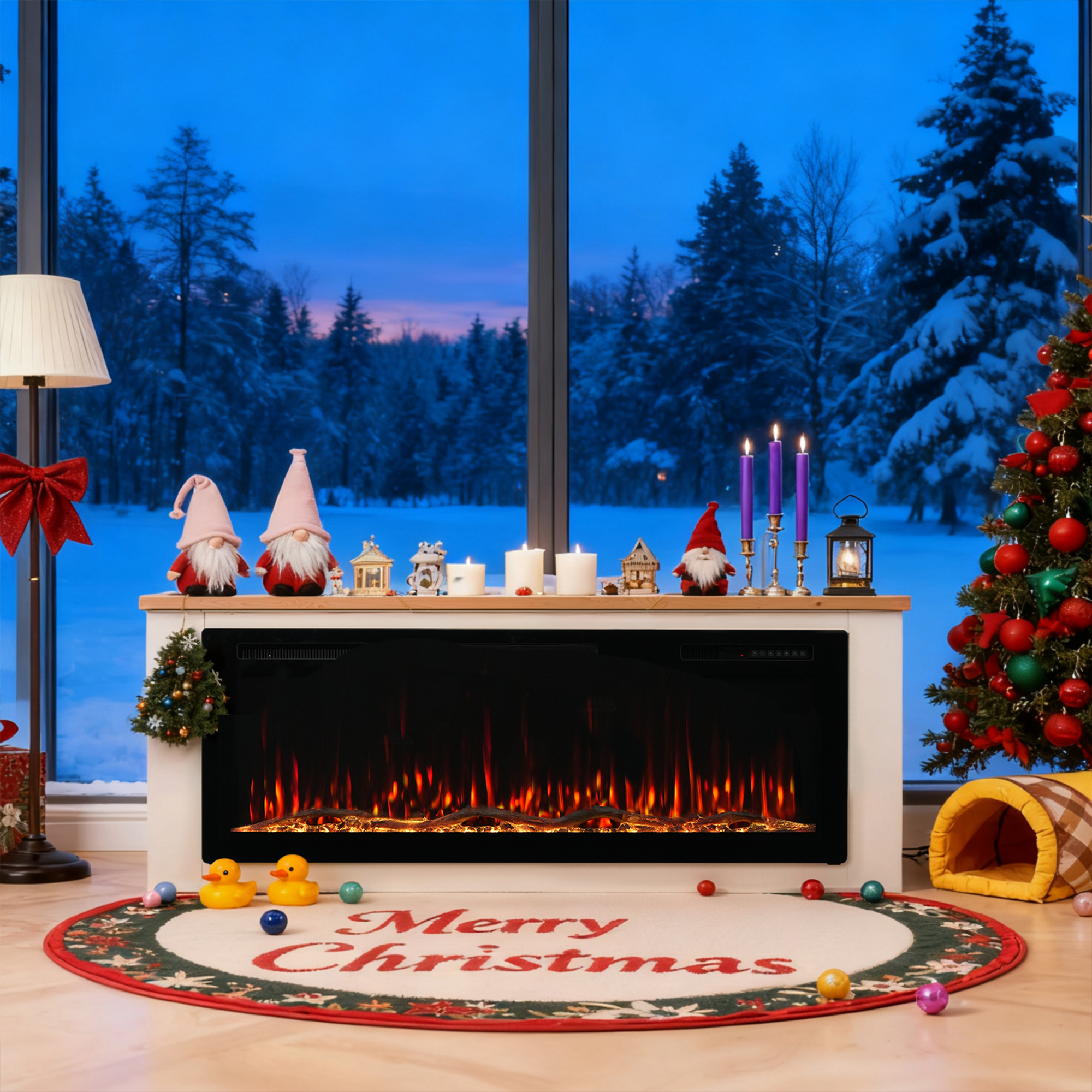 Scène de Noël avec cheminée, sapin, gnomes et arbres enneigés devant une fenêtre, avec un tapis Joyeux Noël.