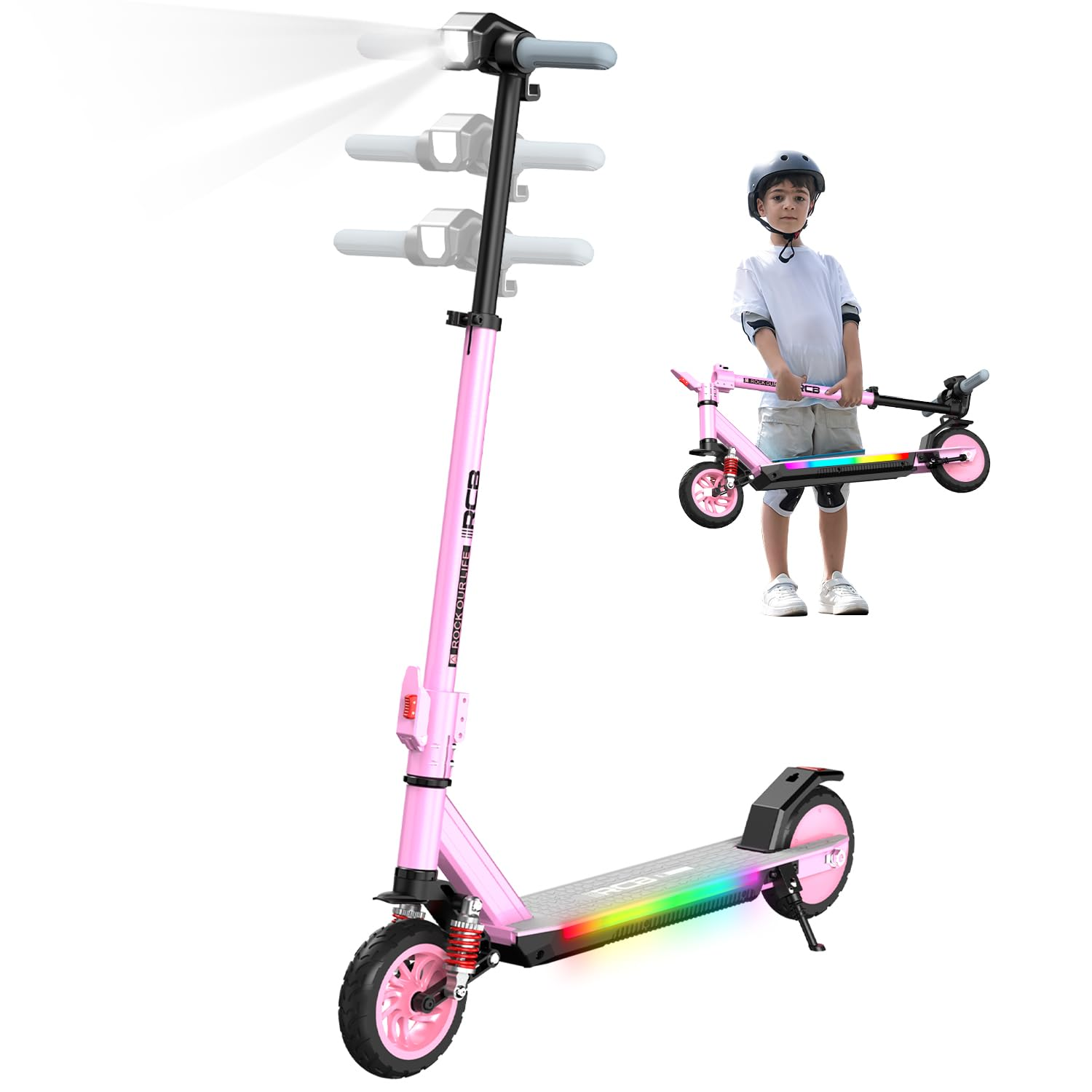 Une trottinette électrique rose et un enfant tenant une trottinette similaire. La trottinette a des lumières et l'enfant porte un casque.