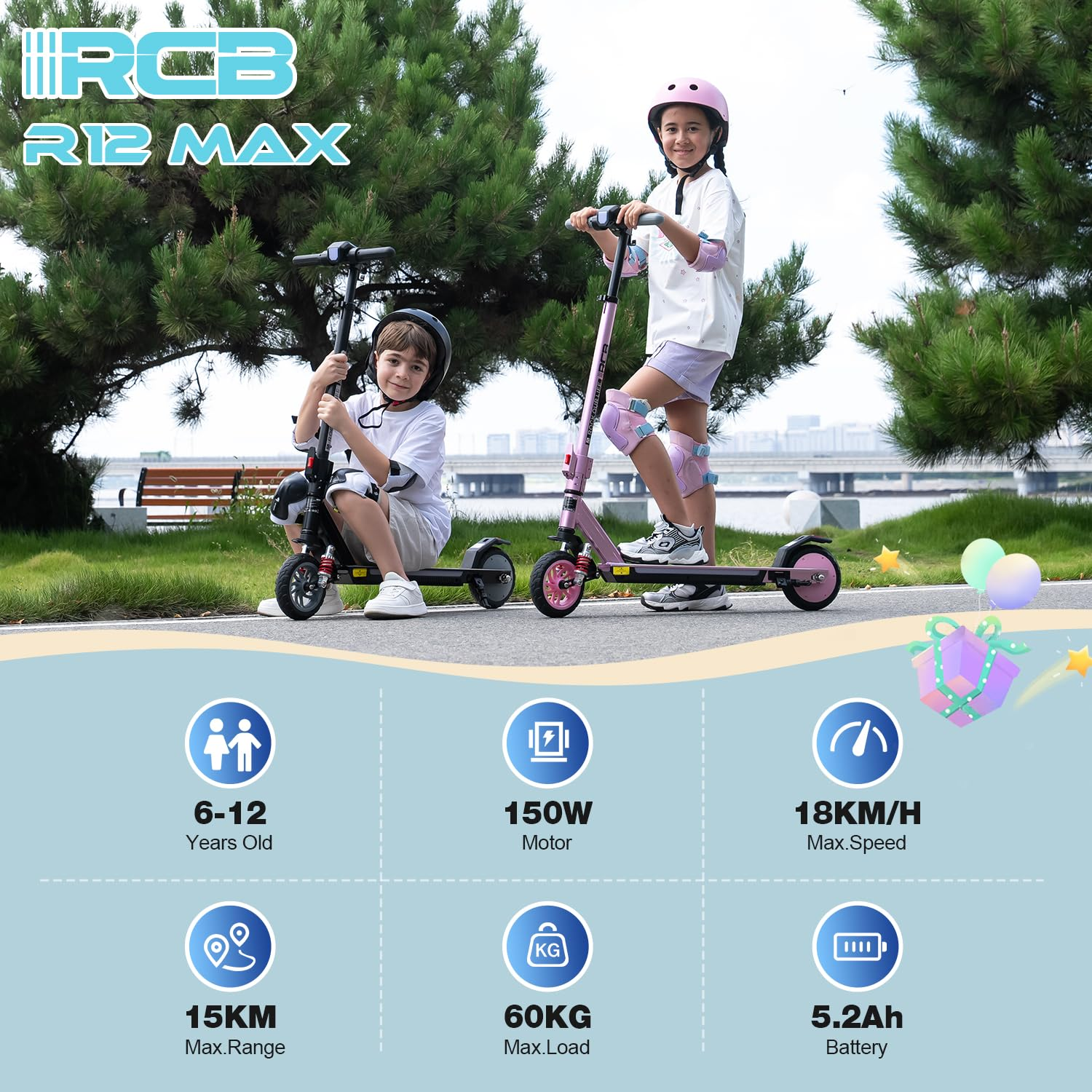 Deux enfants sur des scooters dans un parc. Un enfant sur un scooter noir, l'autre sur un rose, portant des casques et équipements de sécurité.