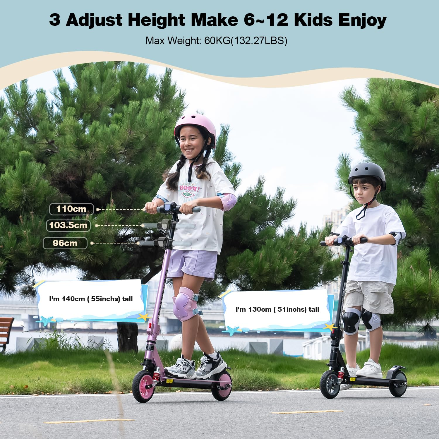 Deux enfants sur des scooters. Un rose, un noir. Tous deux portent un casque et des genouillères. Arbres verts en arrière-plan. Texte: 3 ajuster la hauteur, 6-12 enfants apprécient.