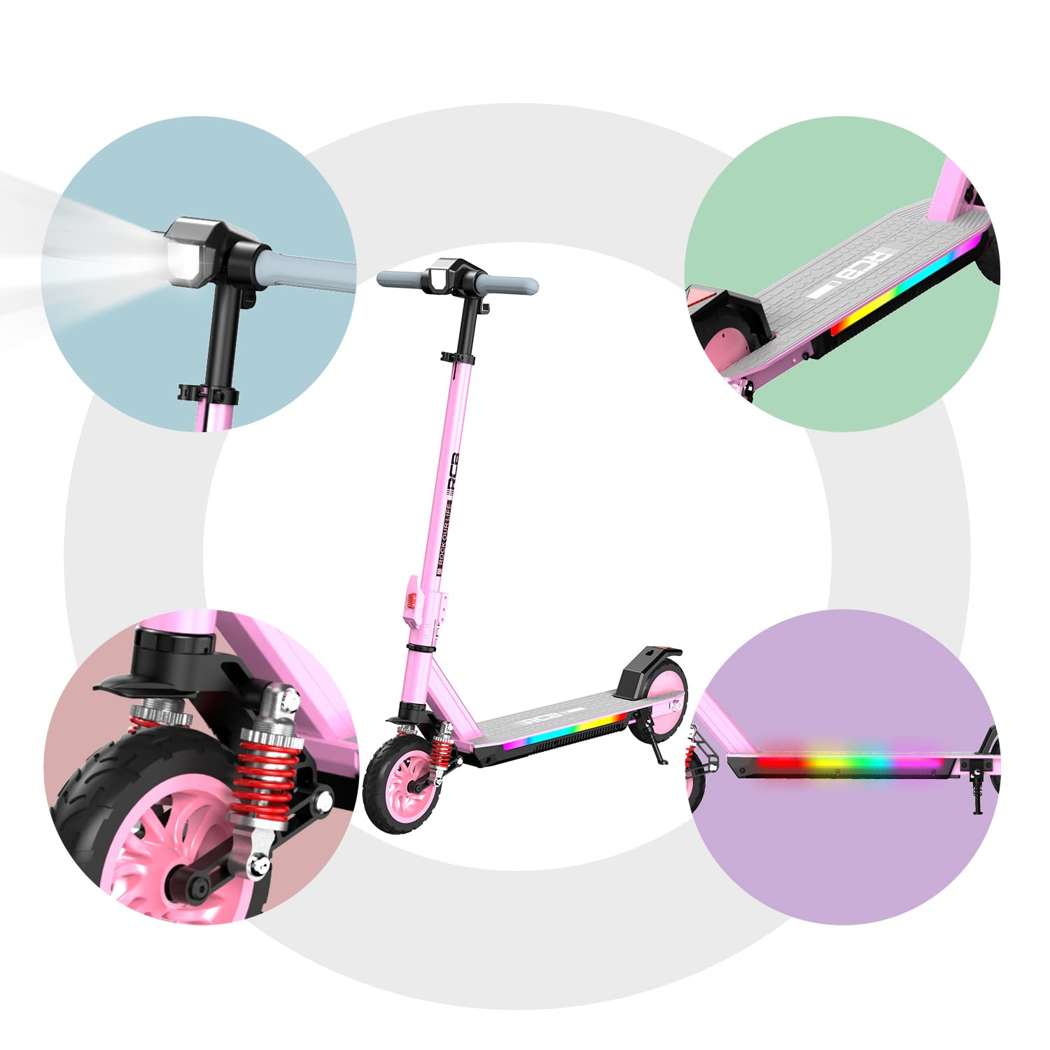 Trottinette électrique rose avec lumières LED, vues détaillées de la lumière avant, du plateau, de la suspension de roue et du dessous.