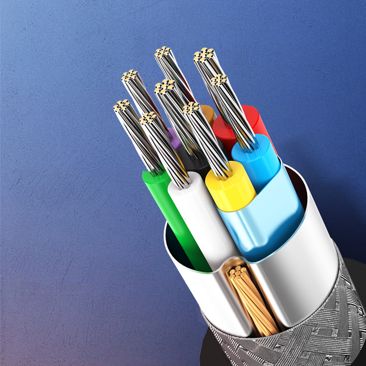 Close-up van een kabel met meerdere gekleurde draden. De draden zijn rood, blauw, groen, geel, wit en paars.