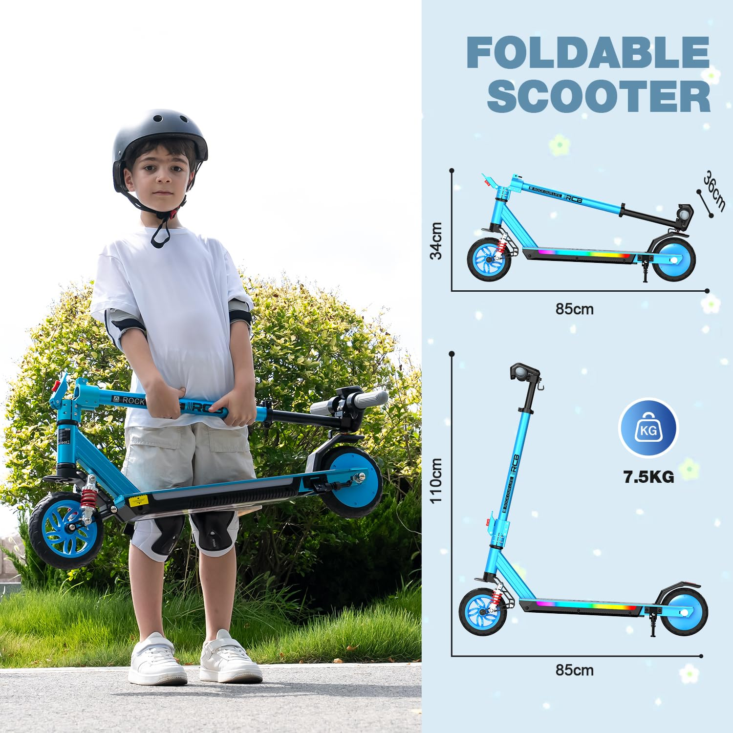 Un garçon tient une trottinette bleue pliée. Il porte un casque, des genouillères et des chaussures blanches. Les dimensions et le poids sont affichés.