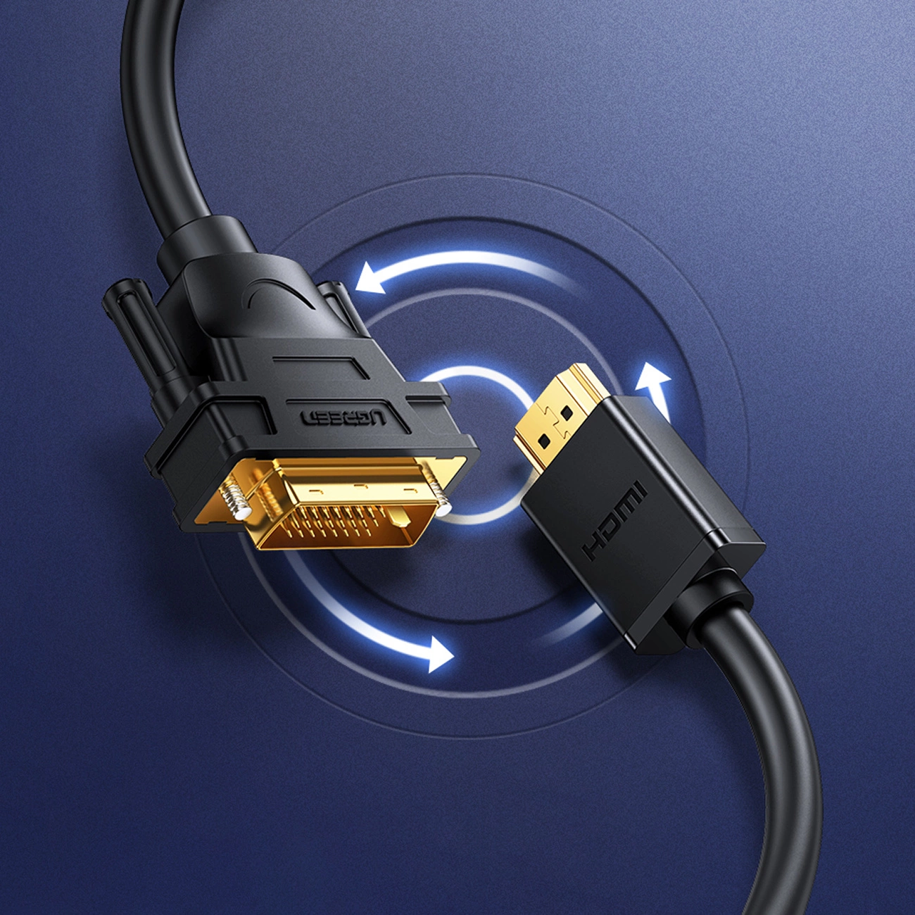 Czarny kabel HDMI i kabel DVI na niebieskim tle, ze strzałkami wskazującymi połączenie.