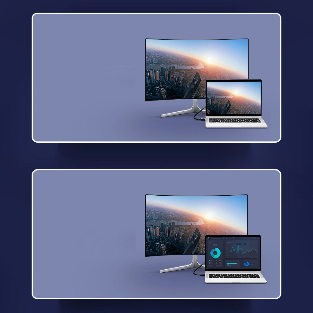 Zakrzywiony monitor i laptop są wyświetlane na fioletowym tle. Laptop wyświetla widok miasta lub wykres danych.