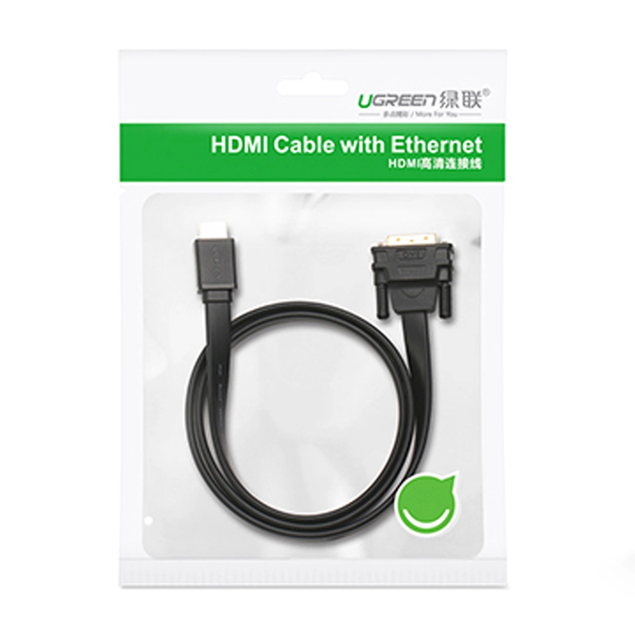 Kabel HDMI z Ethernetem w opakowaniu. Kabel jest czarny, z dwoma różnymi złączami.