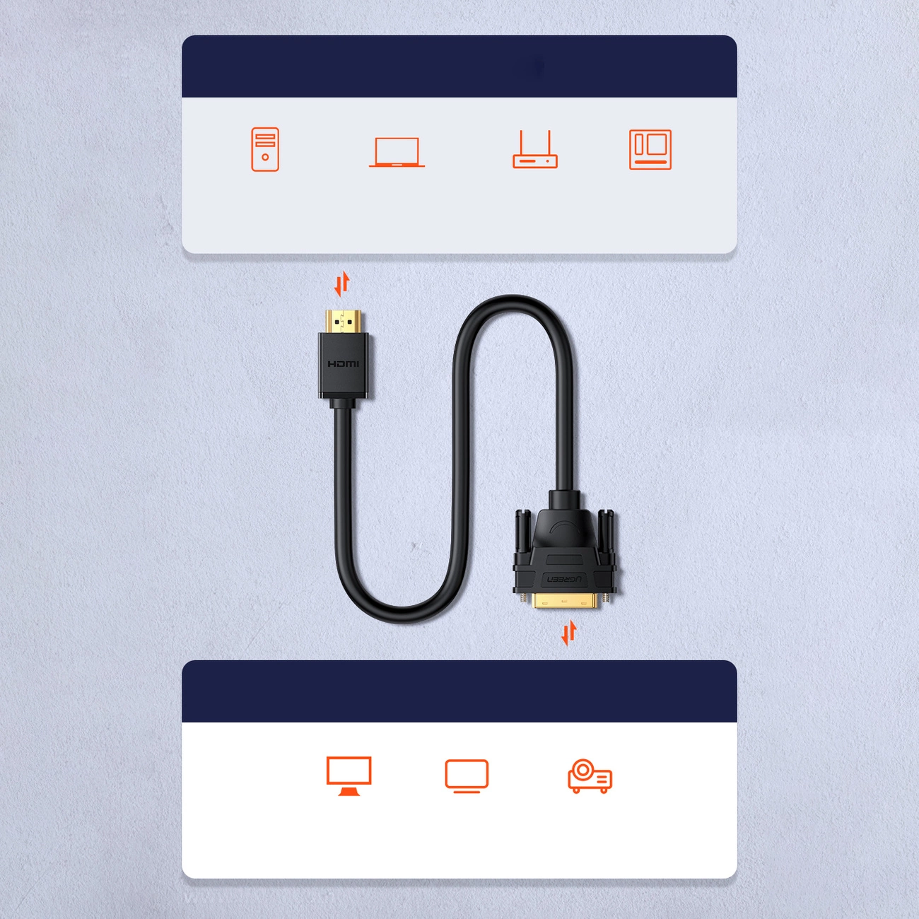 Czarny kabel adaptera HDMI na VGA łączący urządzenia. Pomarańczowe ikony urządzeń u góry i na dole. Białe i niebieskie tło.