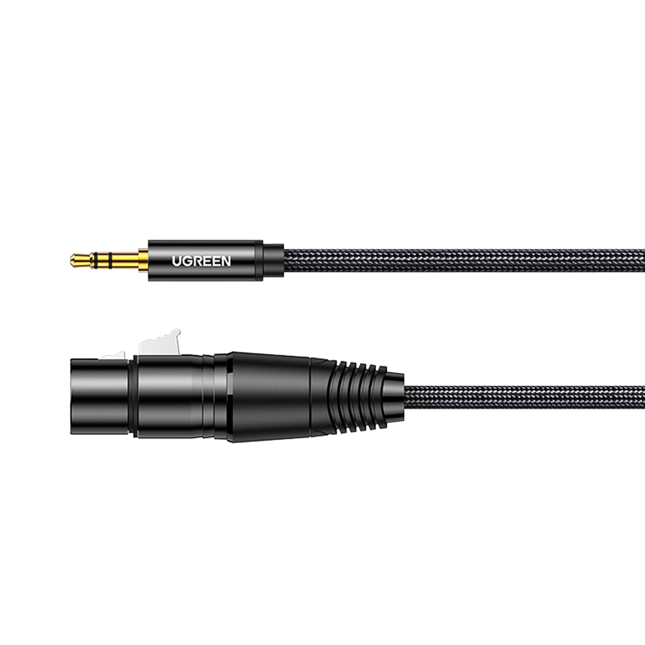 Czarny kabel audio UGREEN z wtyczką 3,5 mm na jednym końcu i złączem XLR na drugim.