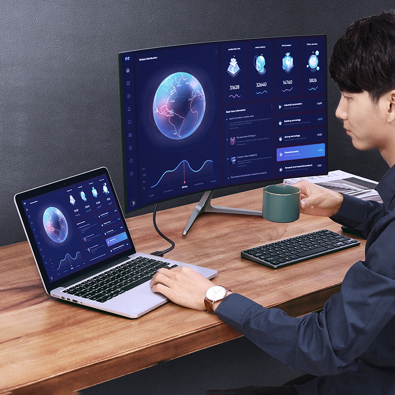 Mężczyzna pracuje na laptopie i monitorze. Ekrany wyświetlają wizualizacje danych. Kubek i klawiatura znajdują się na drewnianym biurku.